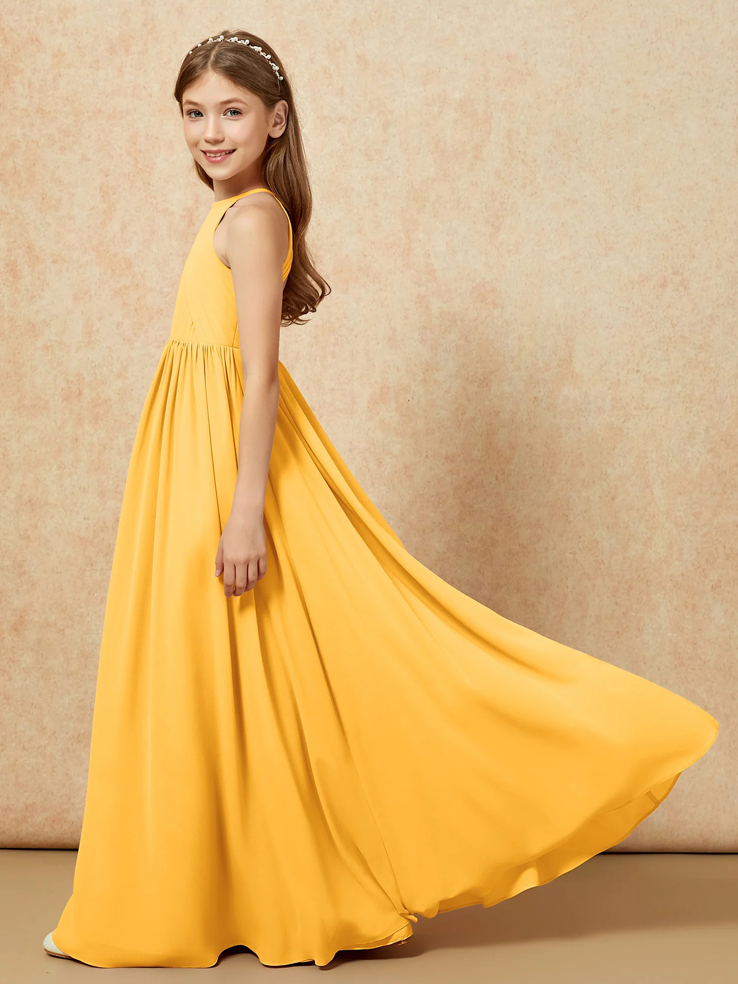 Halter Pleated Long Chiffon Junior Bridesmaid Dress Tangerine - Image 7