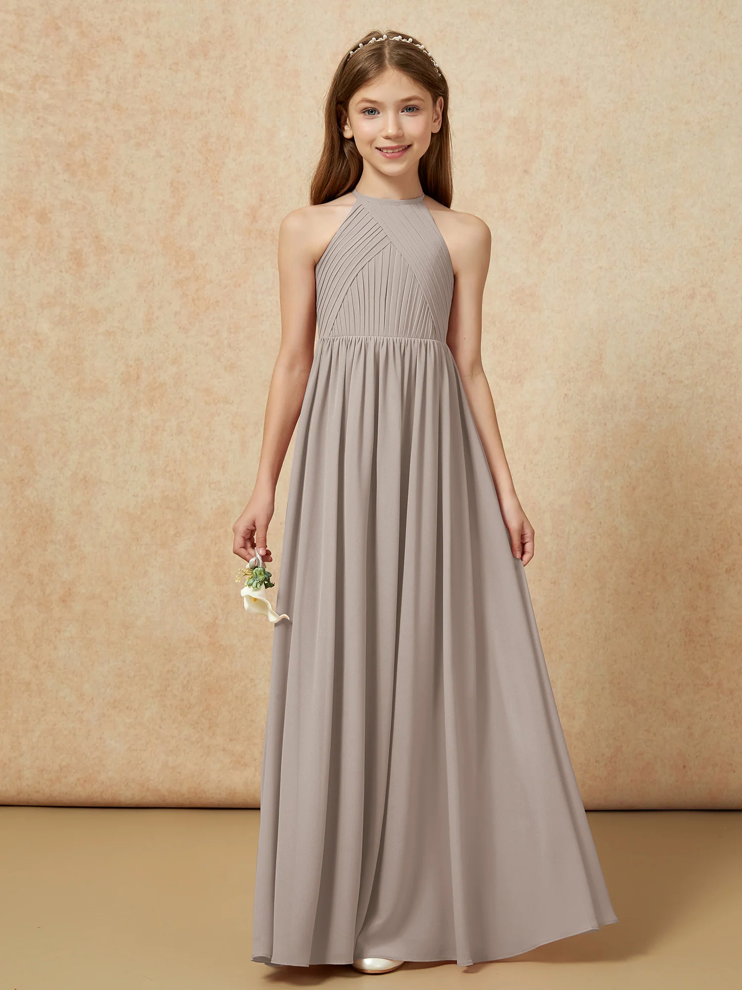Halter Pleated Long Chiffon Junior Bridesmaid Dress Taupe