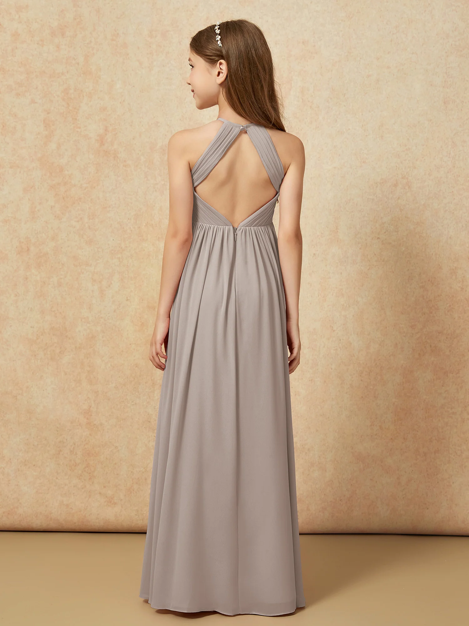 Halter Pleated Long Chiffon Junior Bridesmaid Dress Taupe - Image 2