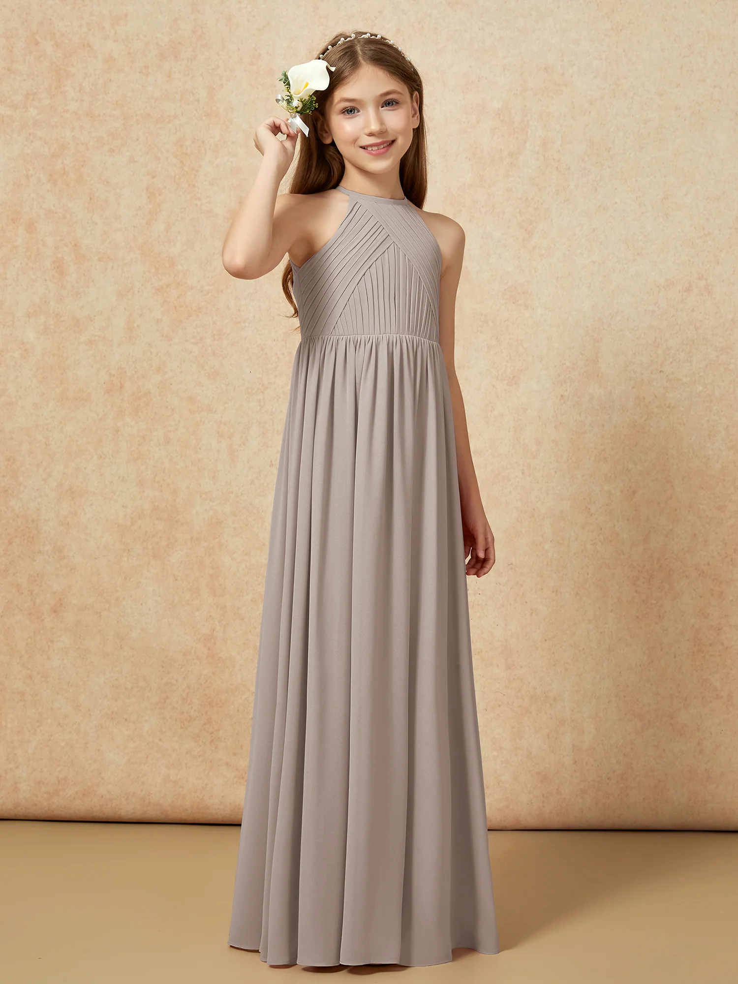 Halter Pleated Long Chiffon Junior Bridesmaid Dress Taupe - Image 4