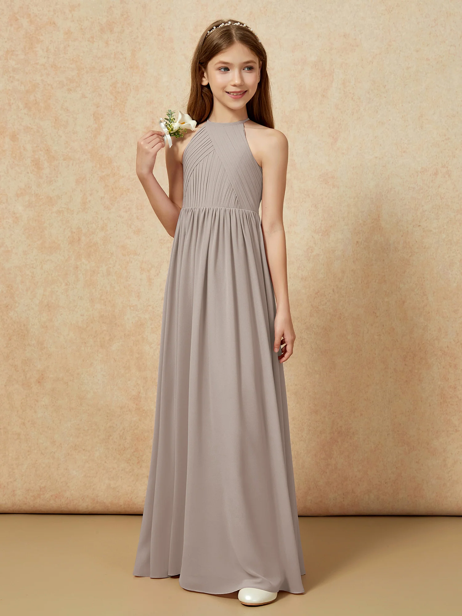 Halter Pleated Long Chiffon Junior Bridesmaid Dress Taupe - Image 5