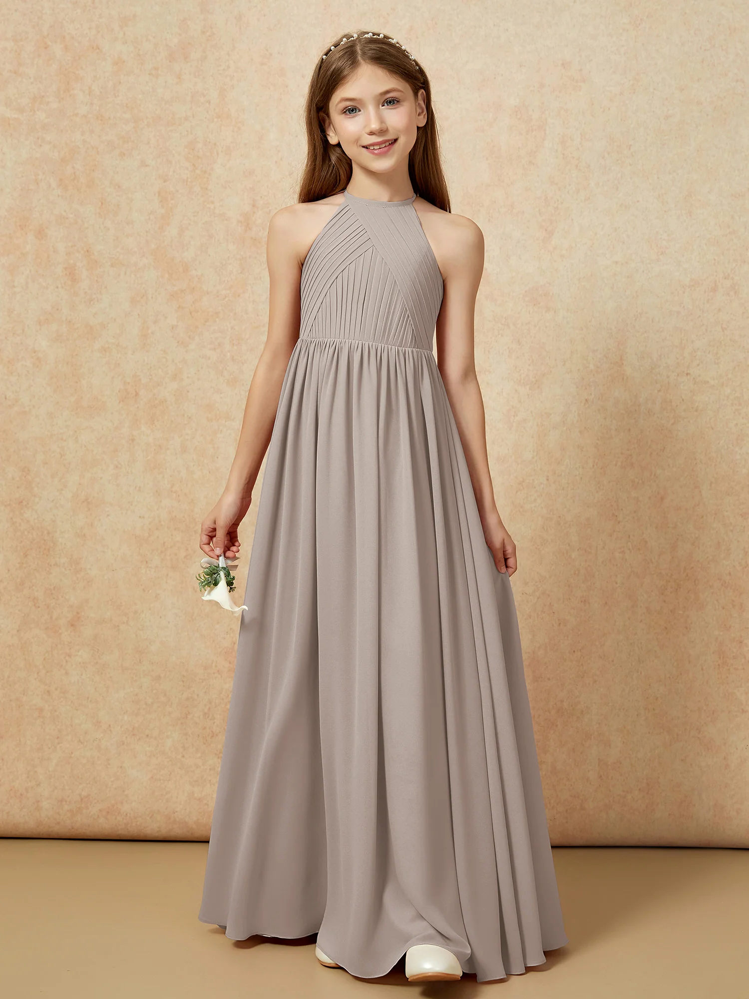 Halter Pleated Long Chiffon Junior Bridesmaid Dress Taupe - Image 6