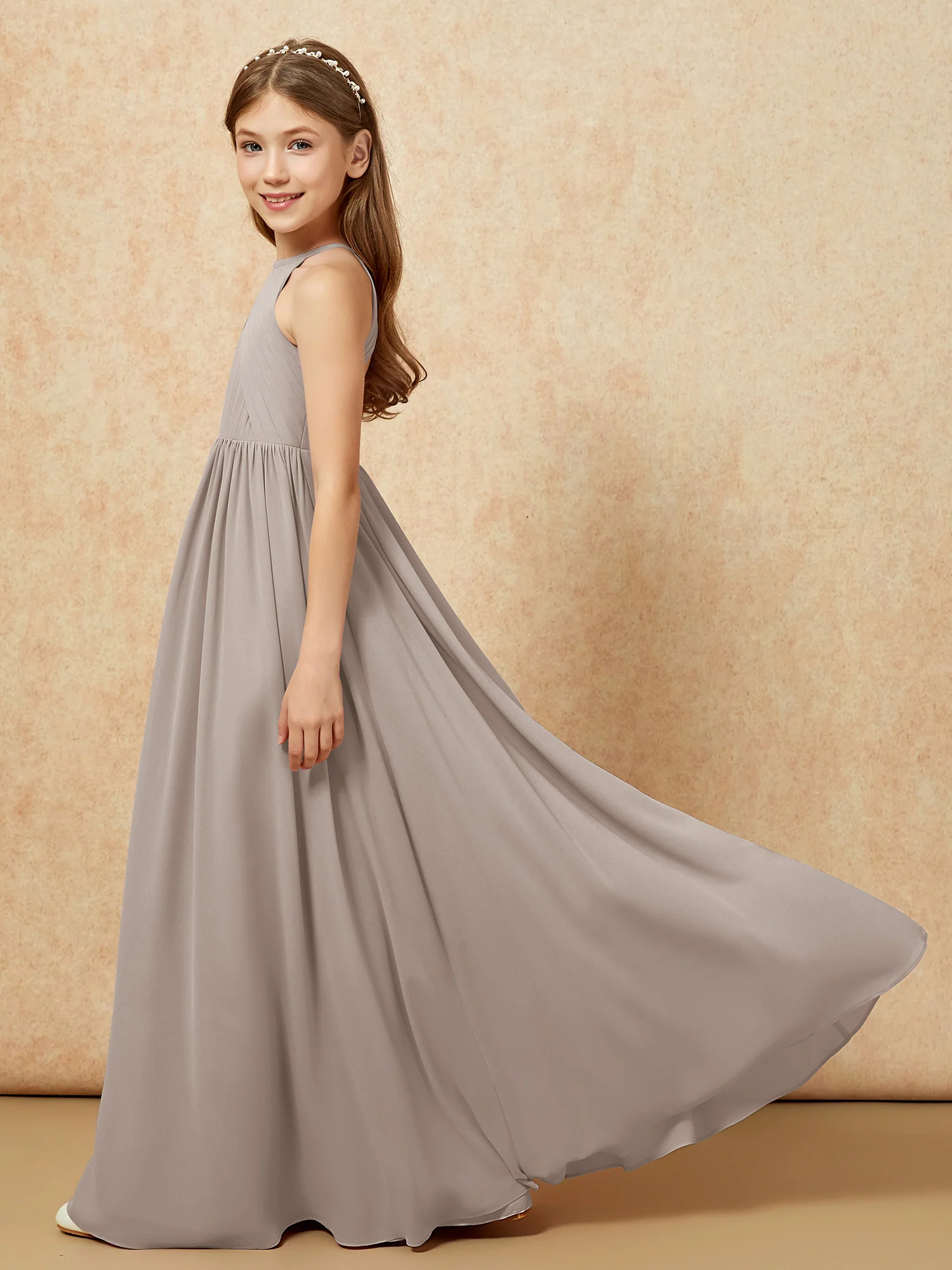 Halter Pleated Long Chiffon Junior Bridesmaid Dress Taupe - Image 7