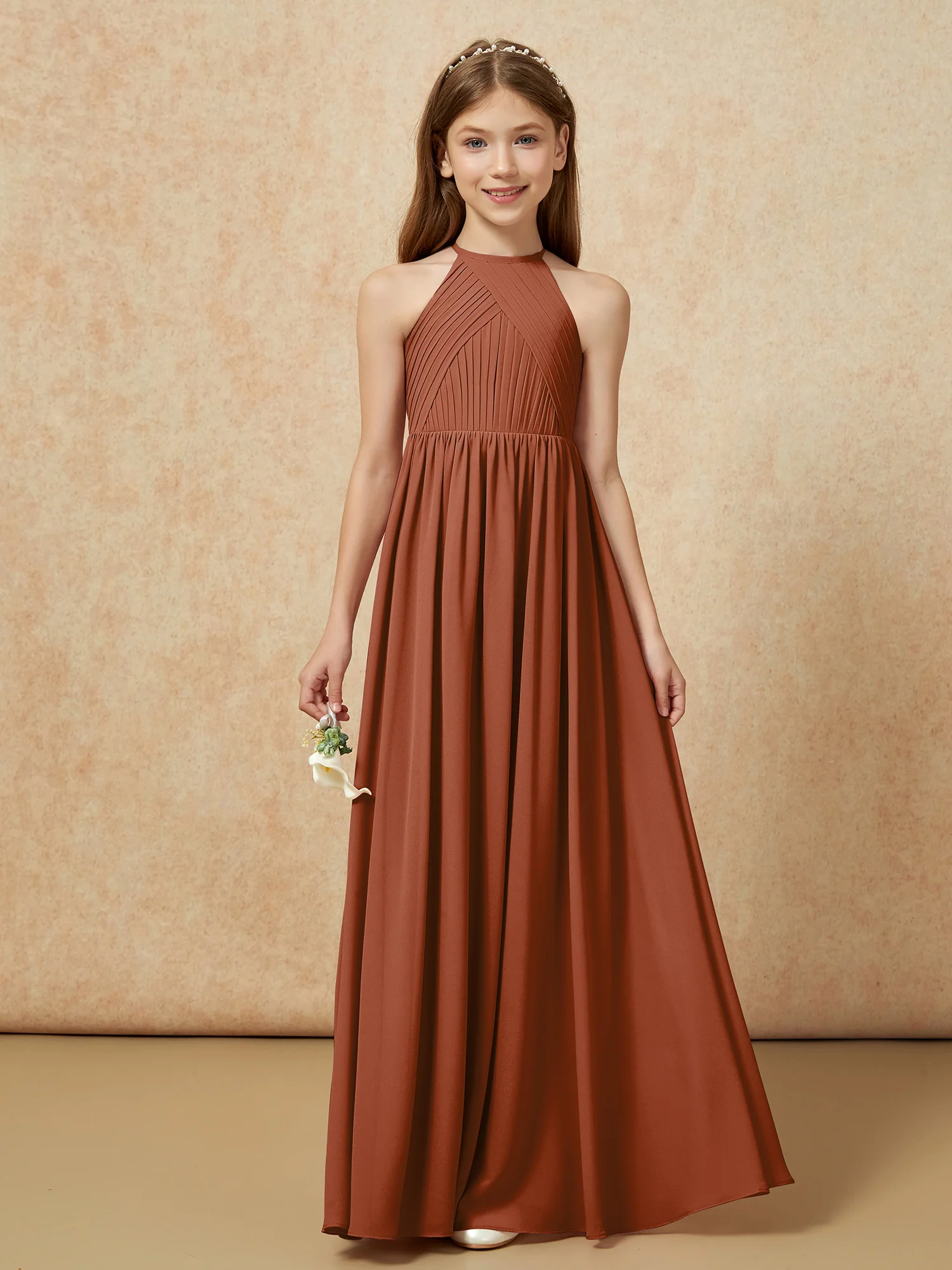 Halter Pleated Long Chiffon Junior Bridesmaid Dress Terracotta