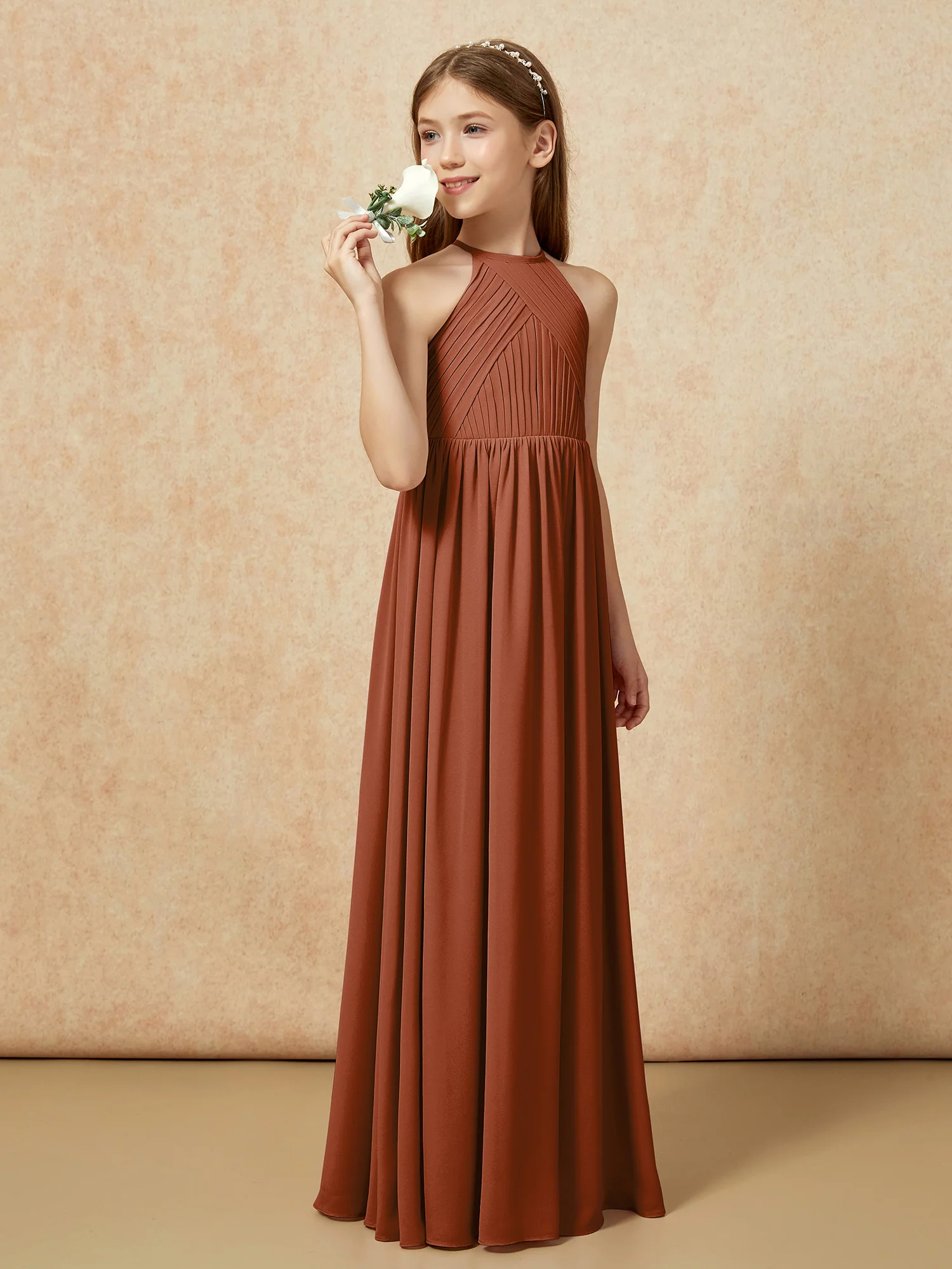 Halter Pleated Long Chiffon Junior Bridesmaid Dress Terracotta - Image 3