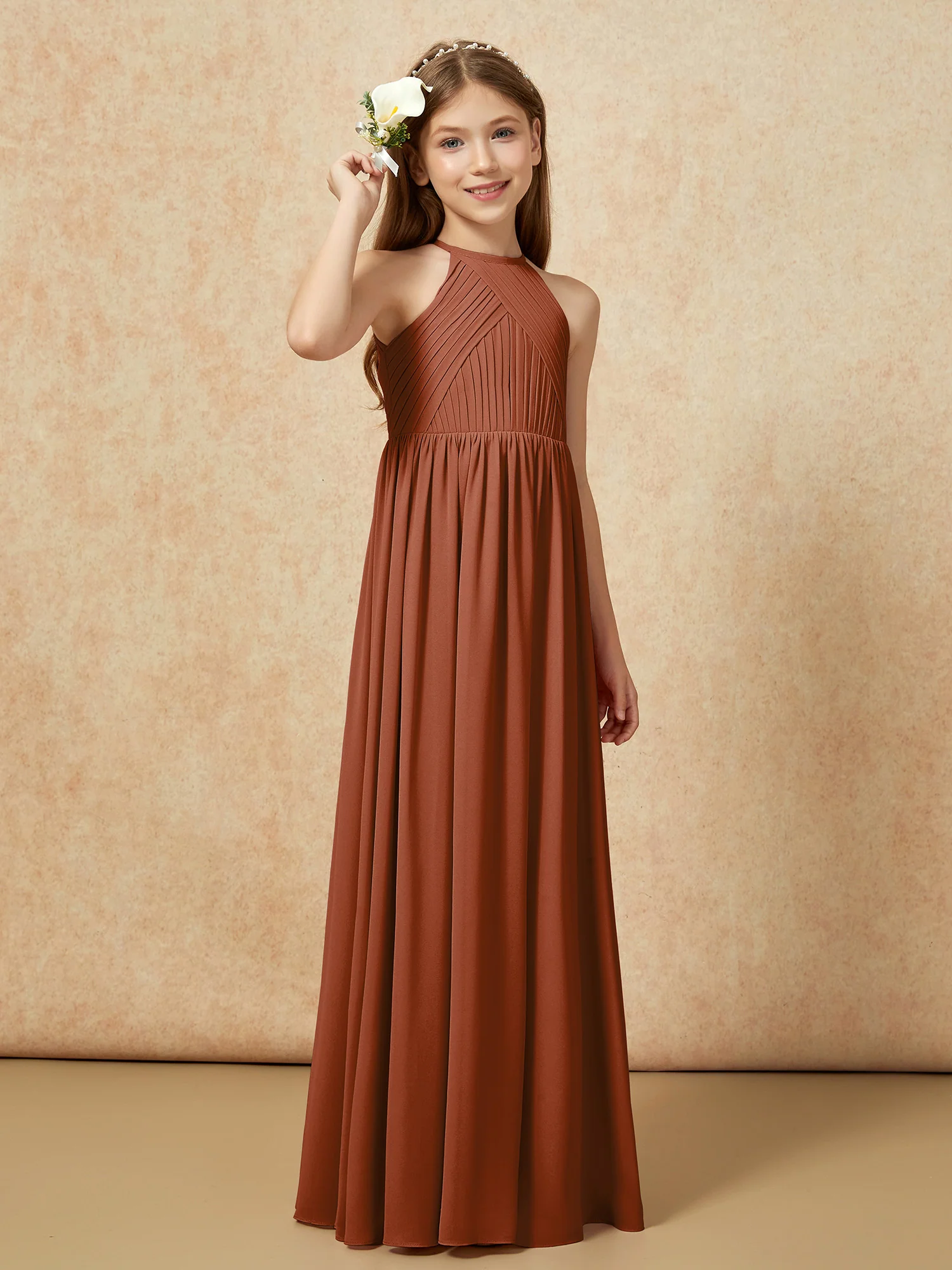 Halter Pleated Long Chiffon Junior Bridesmaid Dress Terracotta - Image 4