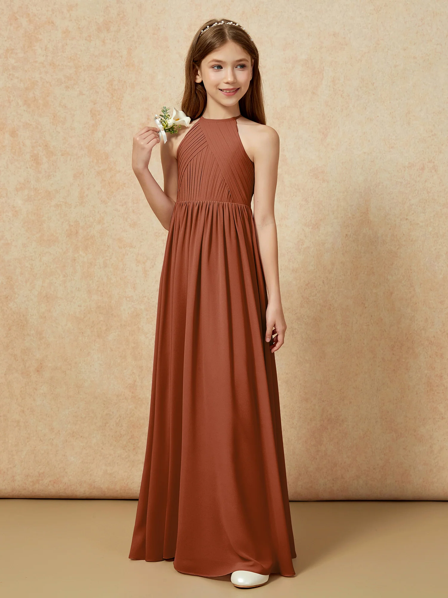 Halter Pleated Long Chiffon Junior Bridesmaid Dress Terracotta - Image 5