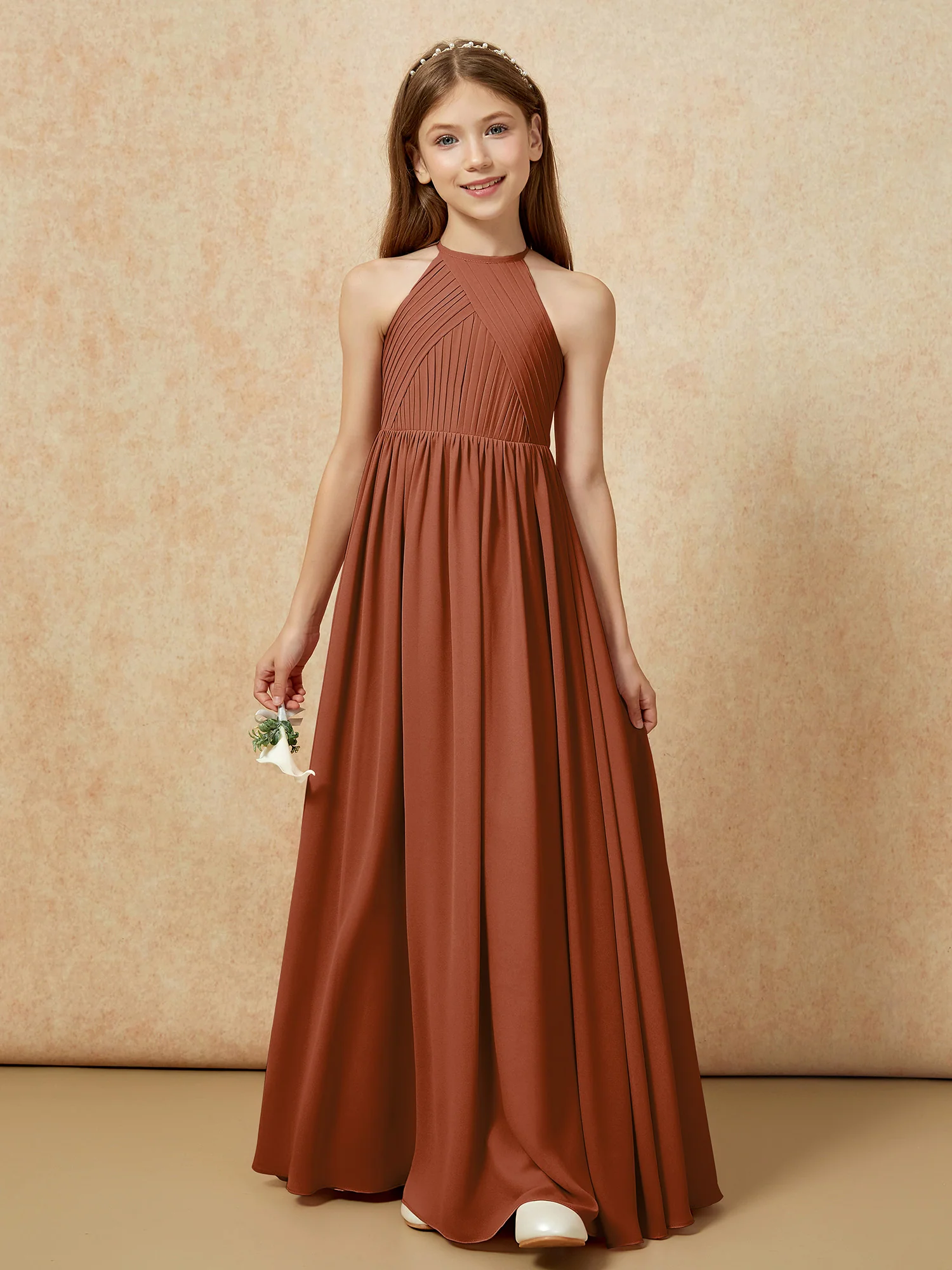 Halter Pleated Long Chiffon Junior Bridesmaid Dress Terracotta - Image 6