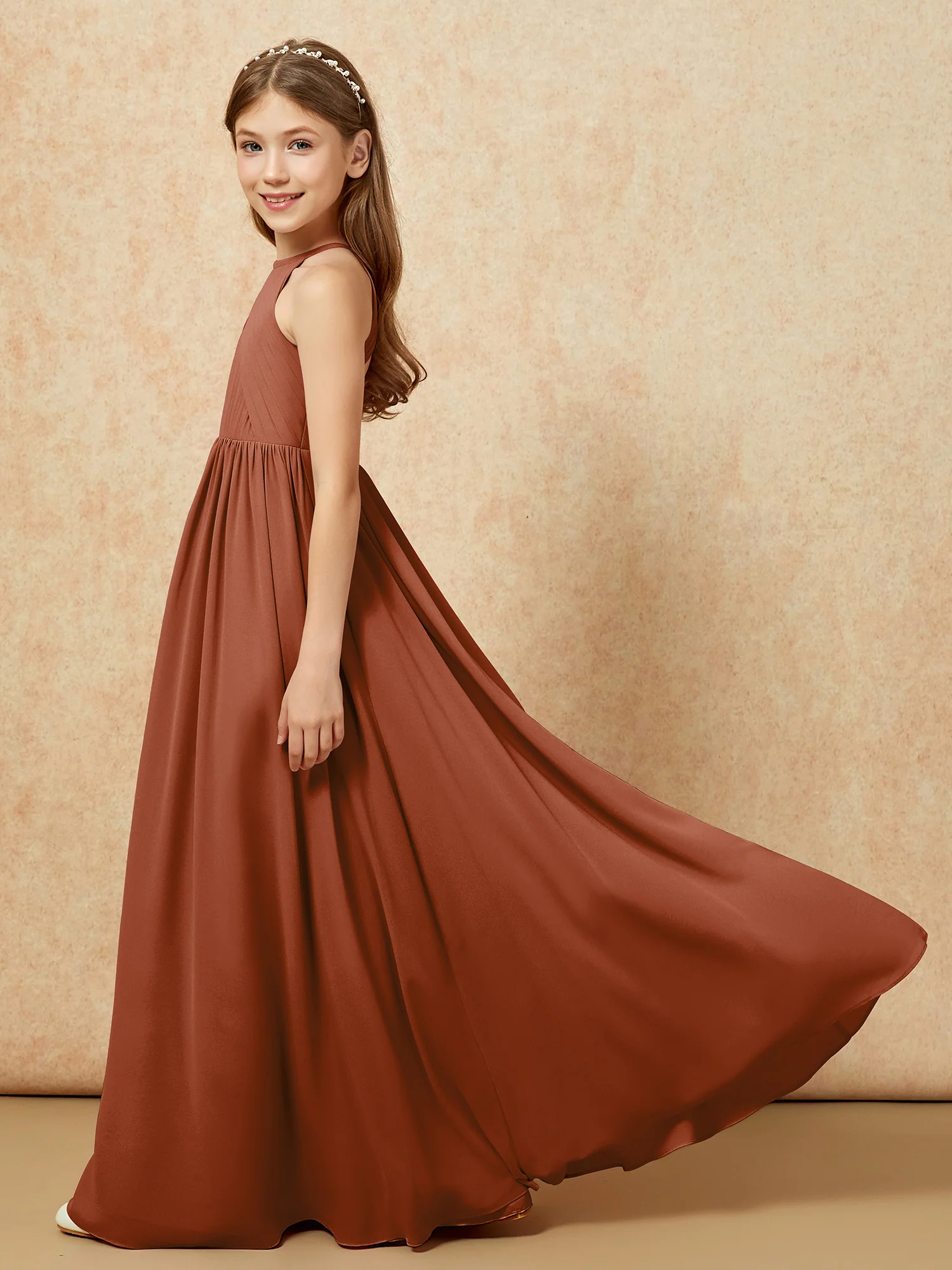 Halter Pleated Long Chiffon Junior Bridesmaid Dress Terracotta - Image 7