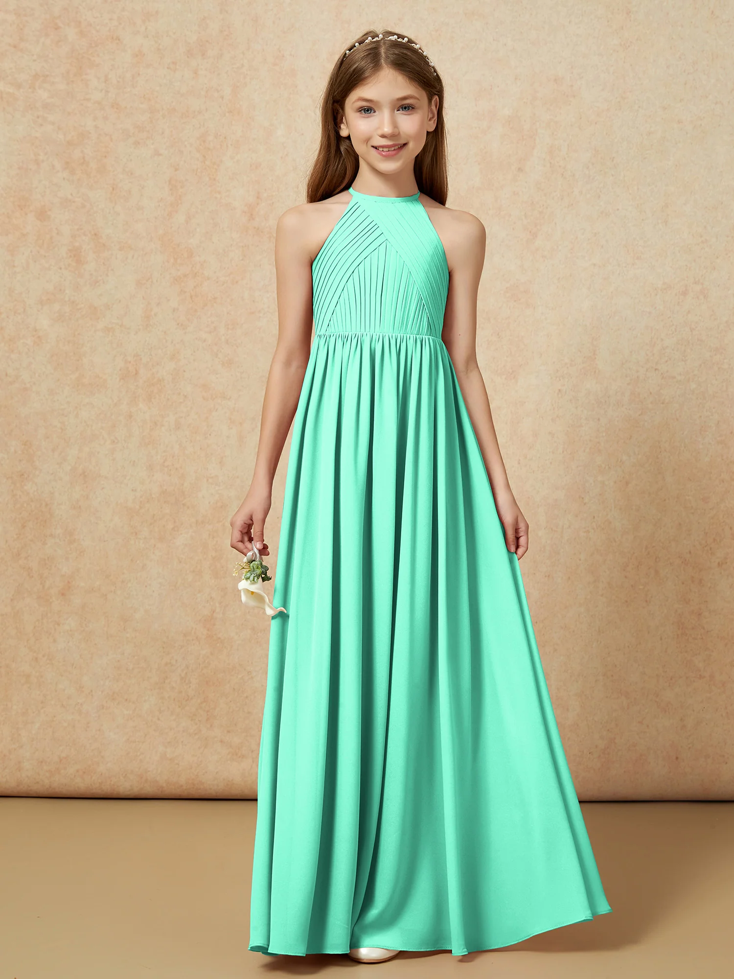 Halter Pleated Long Chiffon Junior Bridesmaid Dress Turquoise