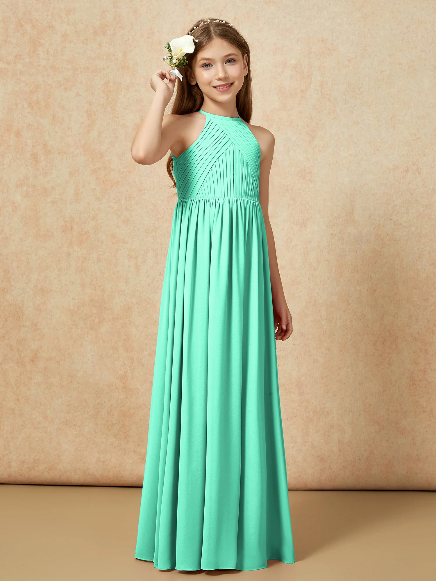 Halter Pleated Long Chiffon Junior Bridesmaid Dress Turquoise - Image 4