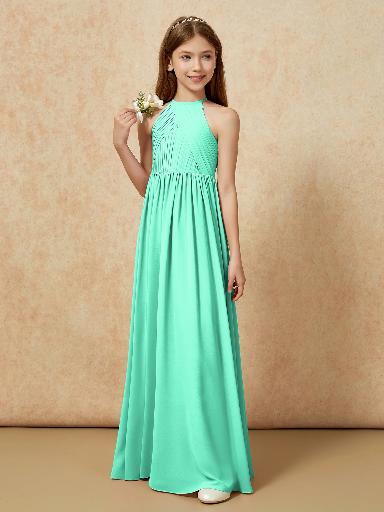 Halter Pleated Long Chiffon Junior Bridesmaid Dress Turquoise - Image 5