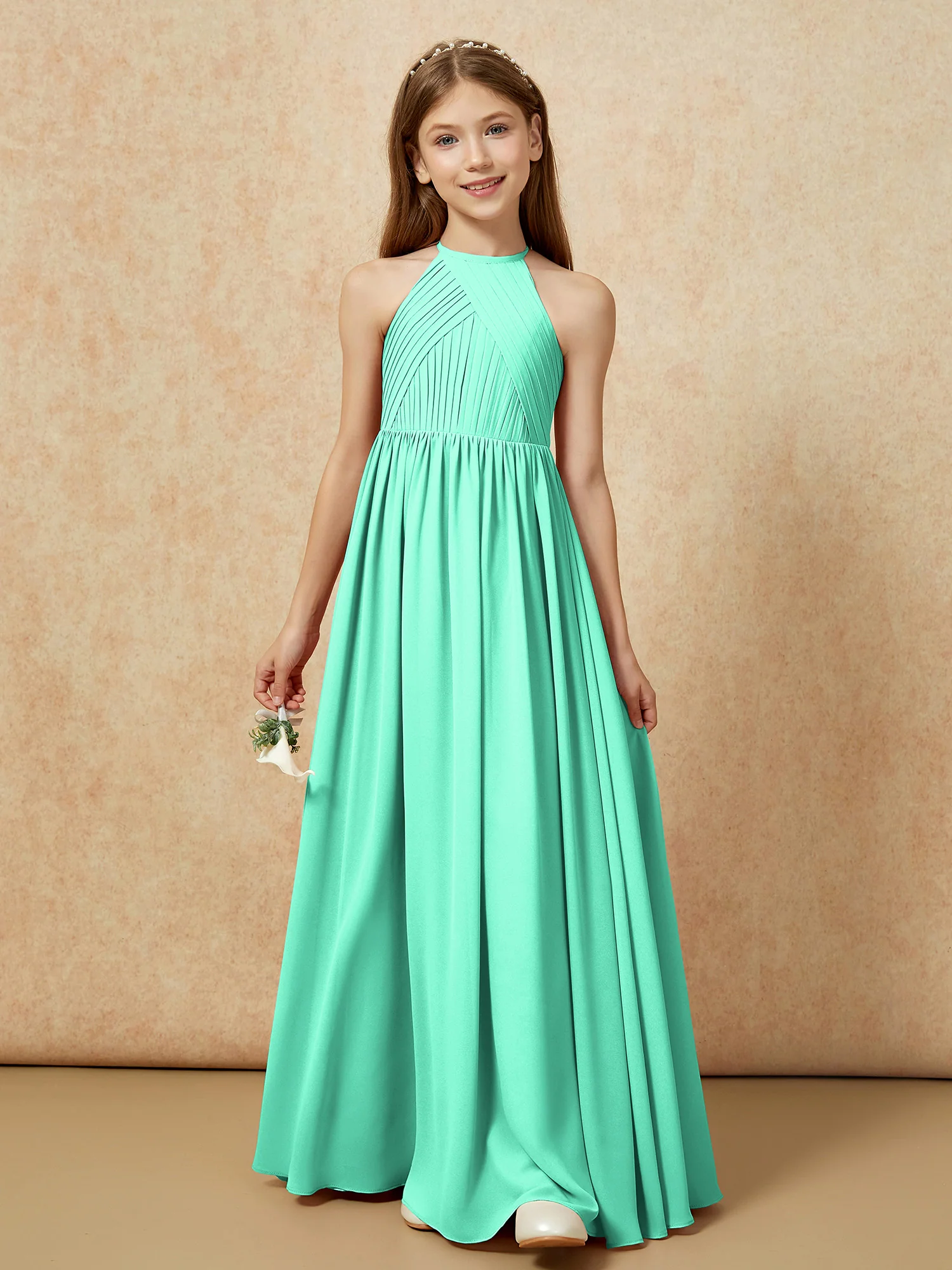 Halter Pleated Long Chiffon Junior Bridesmaid Dress Turquoise - Image 6
