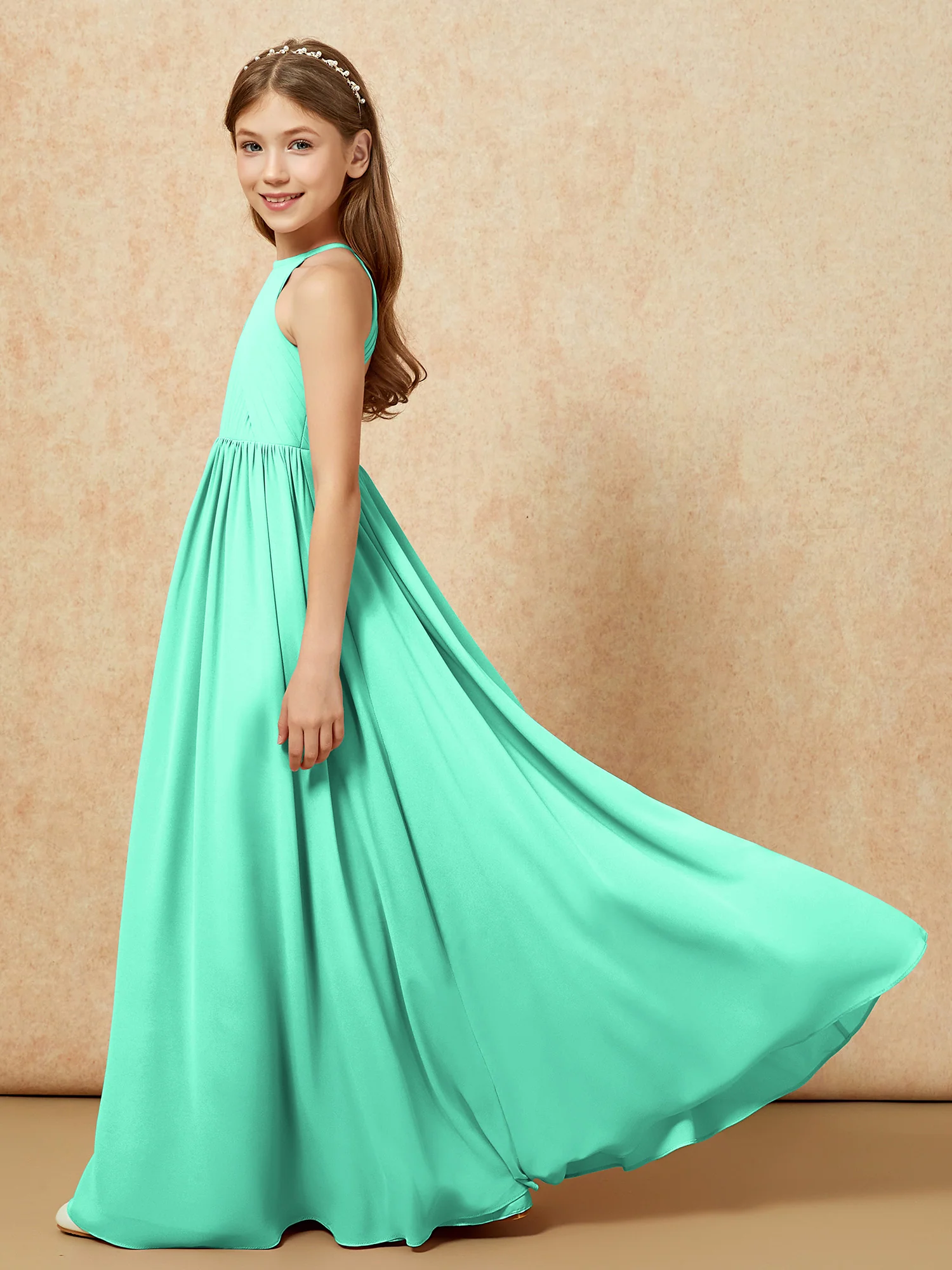 Halter Pleated Long Chiffon Junior Bridesmaid Dress Turquoise - Image 7