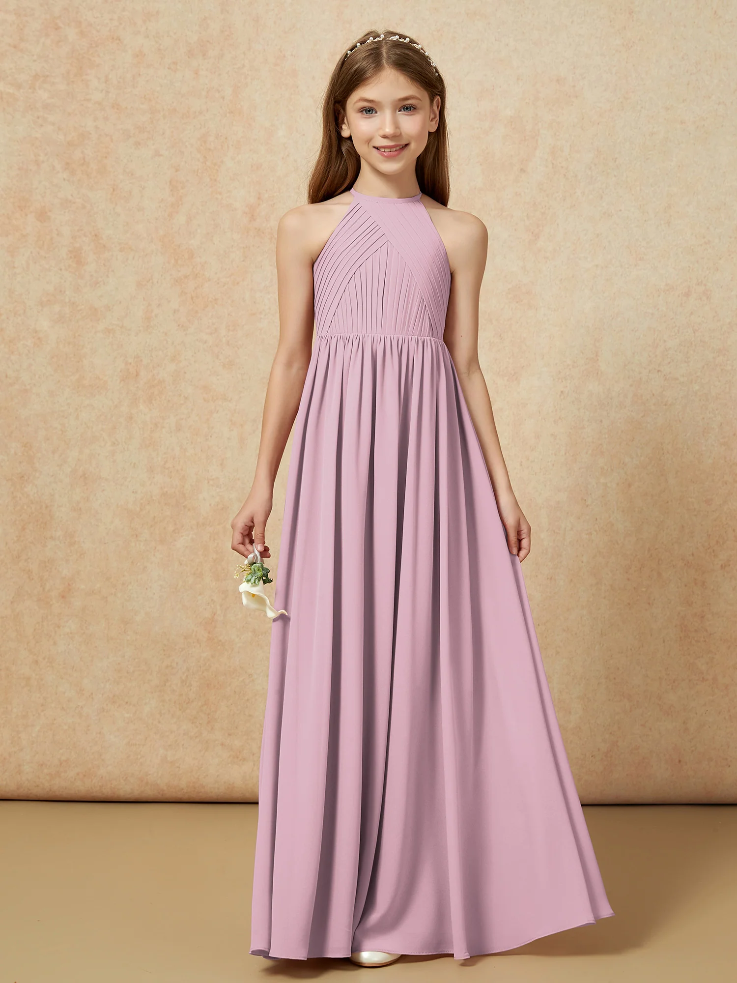Halter Pleated Long Chiffon Junior Bridesmaid Dress Vintage Mauve