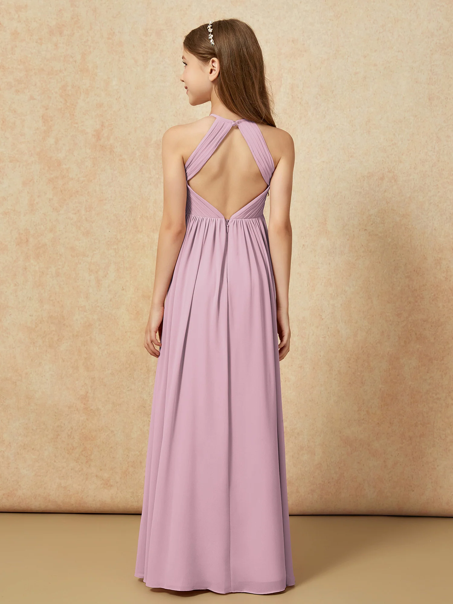 Halter Pleated Long Chiffon Junior Bridesmaid Dress Vintage Mauve - Image 2