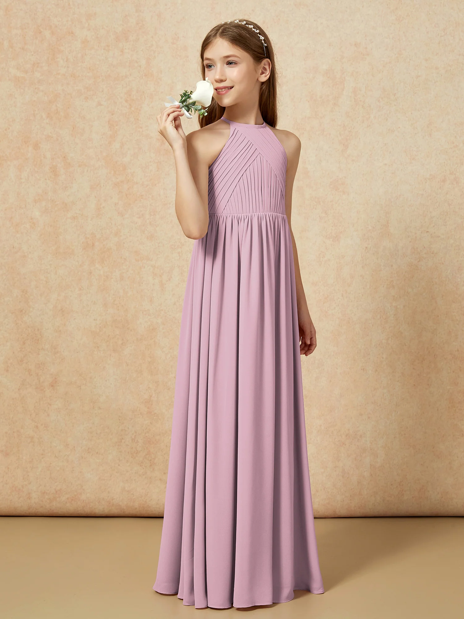 Halter Pleated Long Chiffon Junior Bridesmaid Dress Vintage Mauve - Image 3