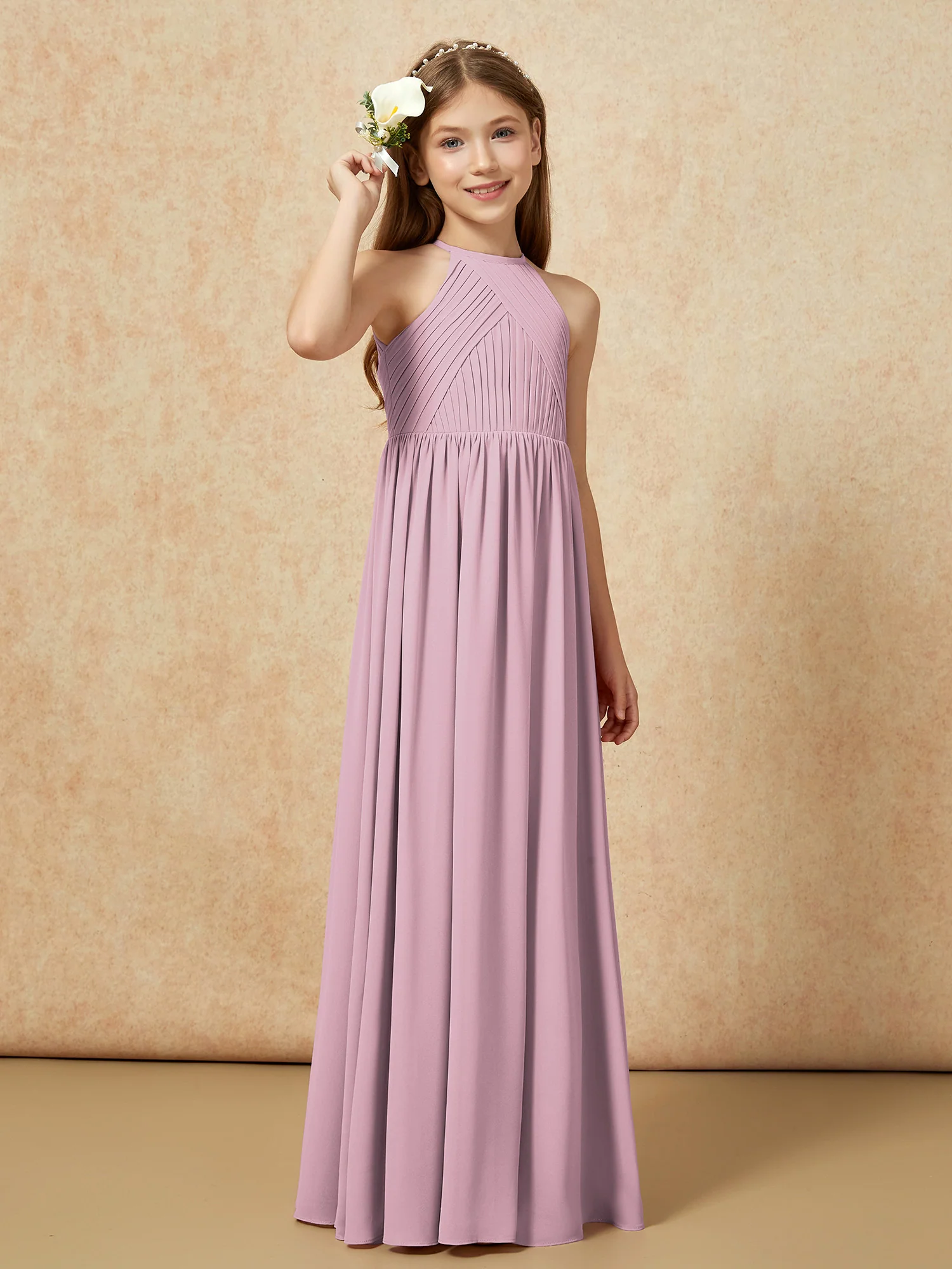 Halter Pleated Long Chiffon Junior Bridesmaid Dress Vintage Mauve - Image 4
