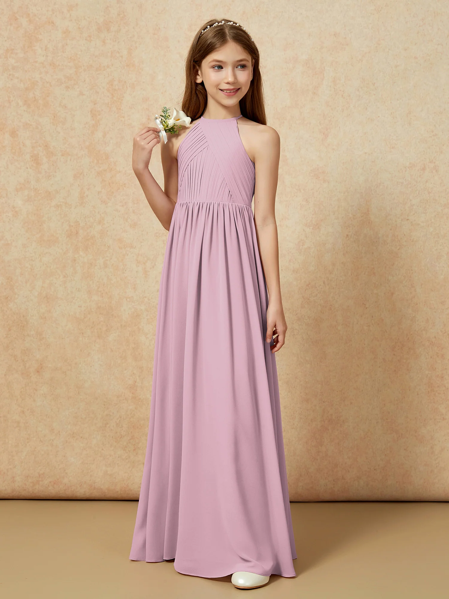 Halter Pleated Long Chiffon Junior Bridesmaid Dress Vintage Mauve - Image 5