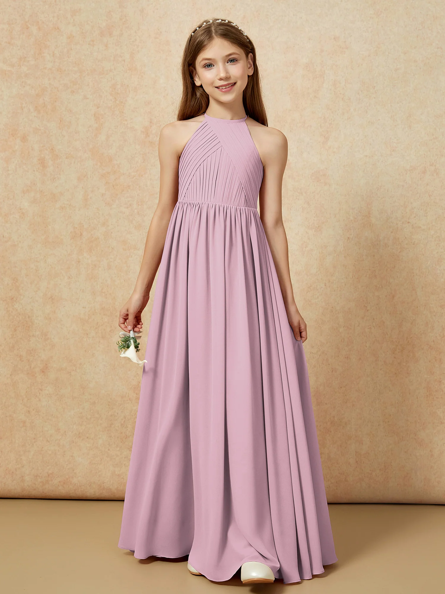 Halter Pleated Long Chiffon Junior Bridesmaid Dress Vintage Mauve - Image 6
