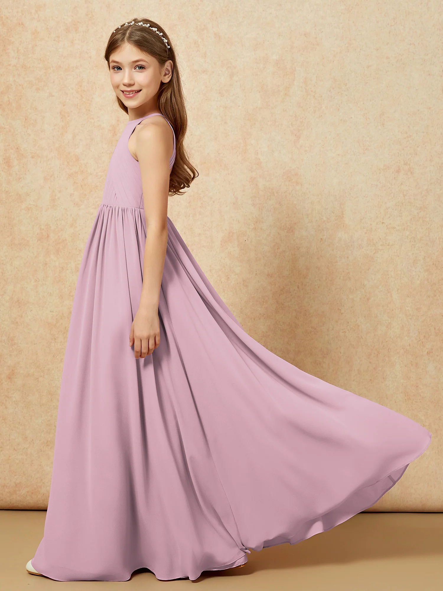 Halter Pleated Long Chiffon Junior Bridesmaid Dress Vintage Mauve - Image 7