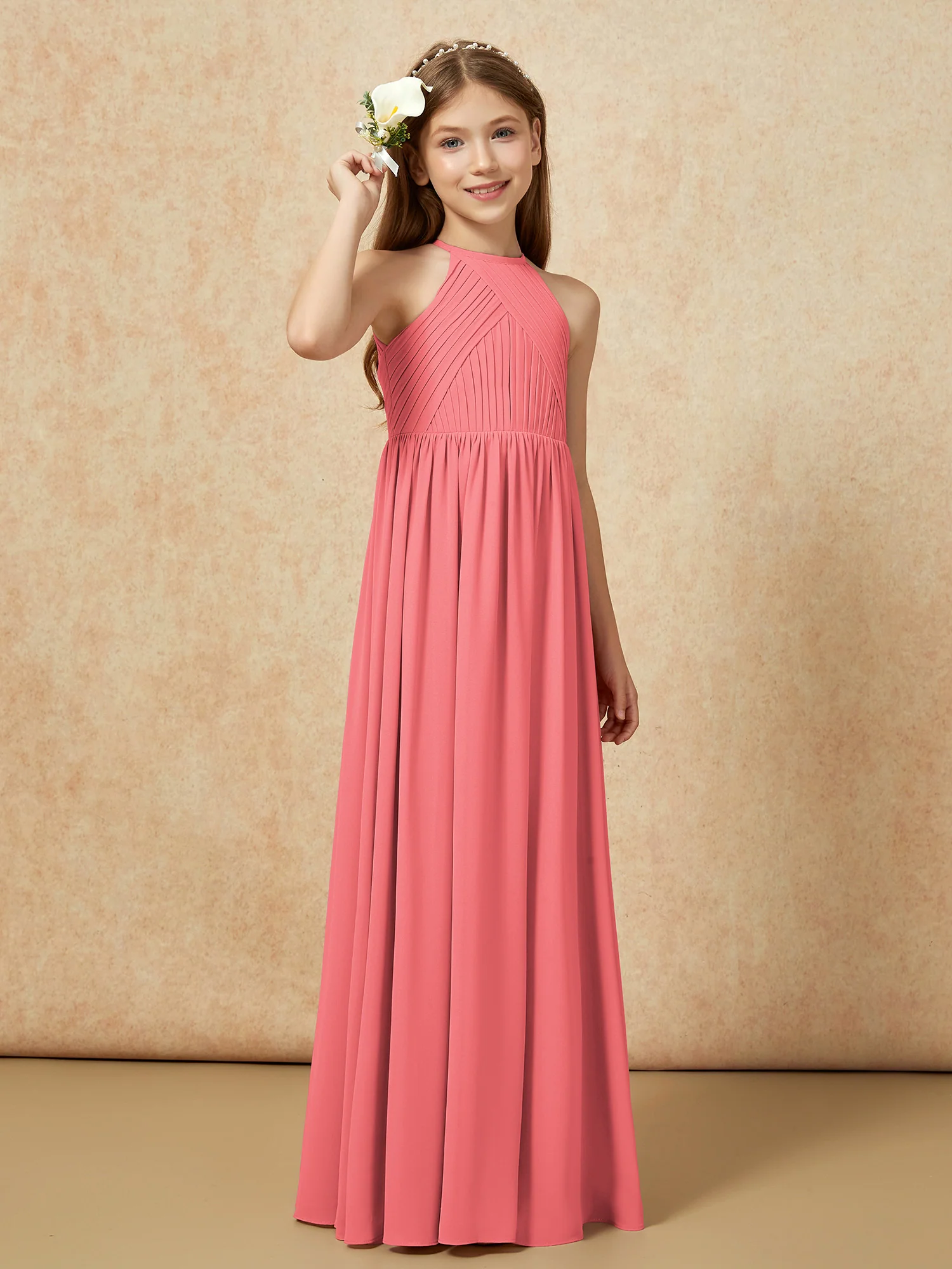 Halter Pleated Long Chiffon Junior Bridesmaid Dress Watermelon - Image 4
