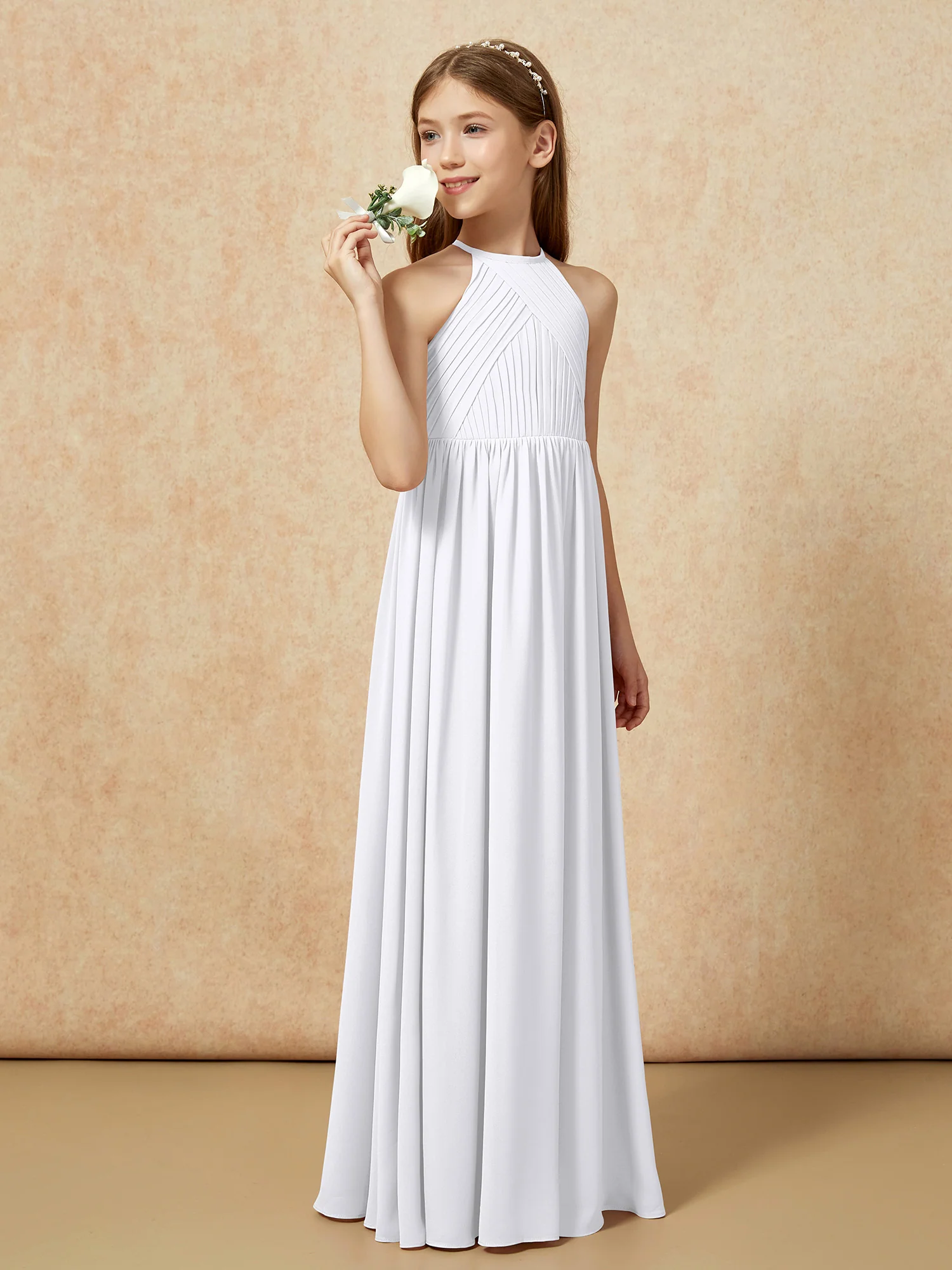 Halter Pleated Long Chiffon Junior Bridesmaid Dress White - Image 3