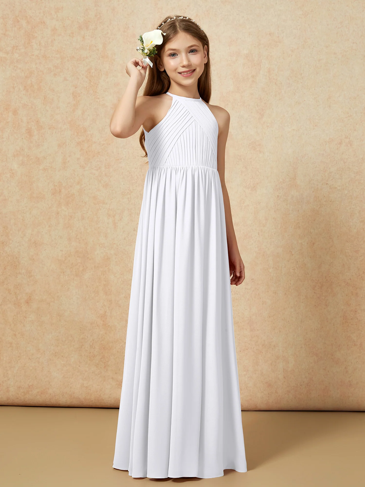 Halter Pleated Long Chiffon Junior Bridesmaid Dress White - Image 4