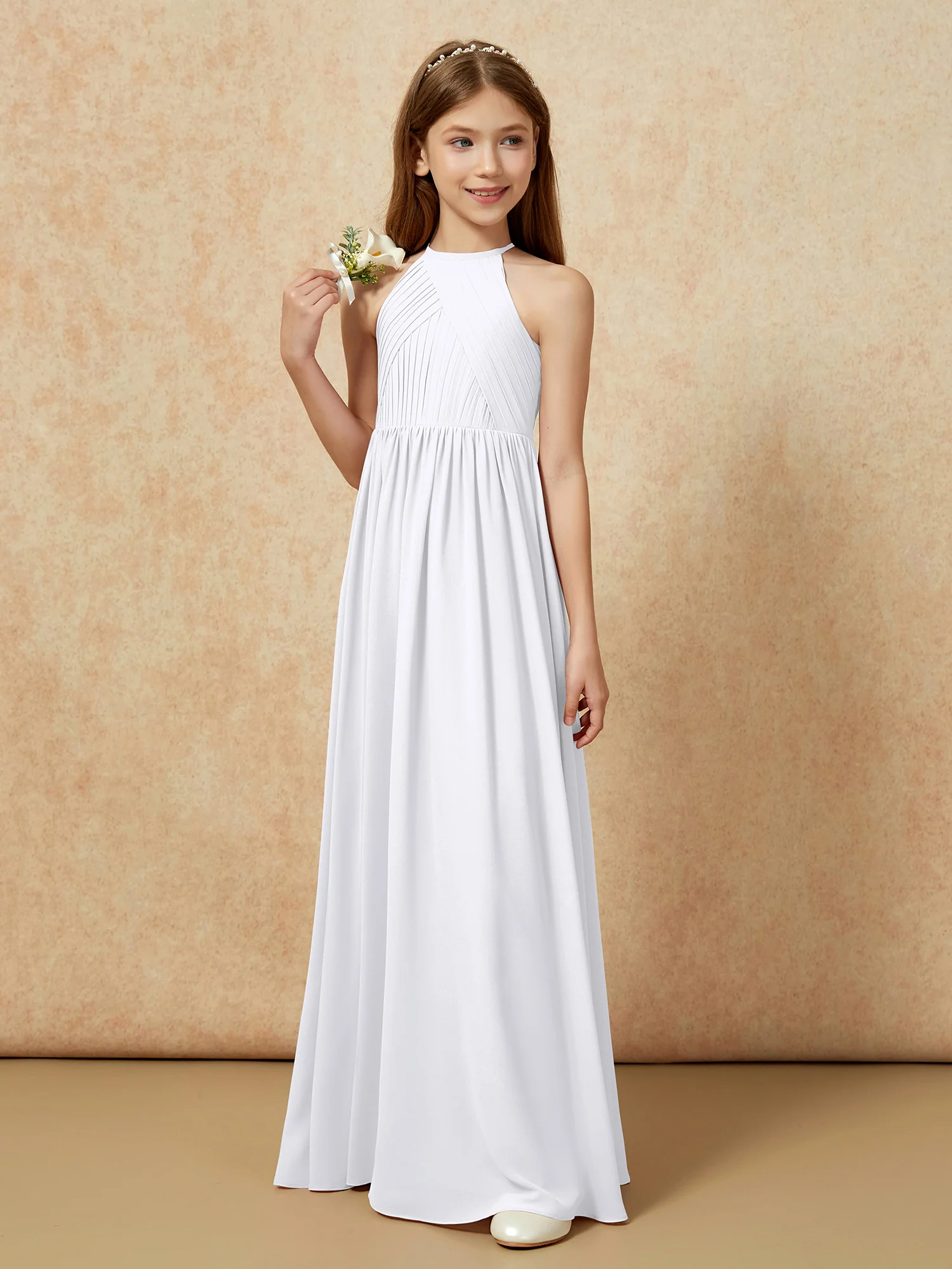 Halter Pleated Long Chiffon Junior Bridesmaid Dress White - Image 5