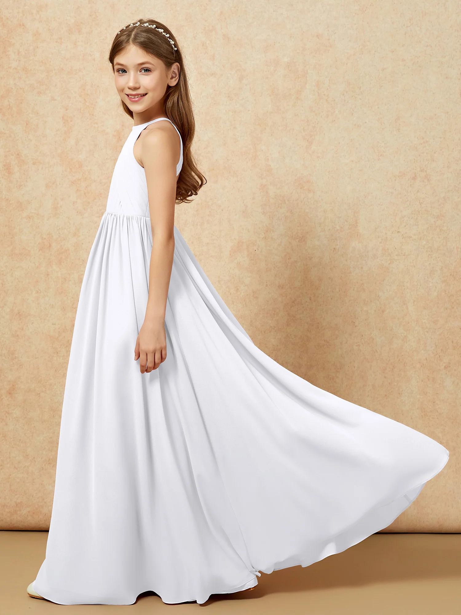Halter Pleated Long Chiffon Junior Bridesmaid Dress White - Image 7