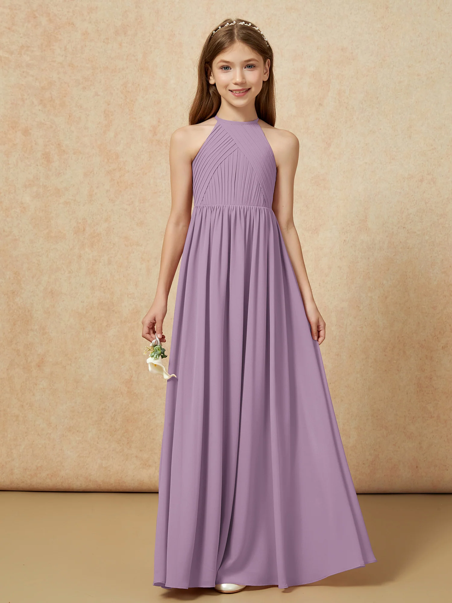 Halter Pleated Long Chiffon Junior Bridesmaid Dress Wisteria