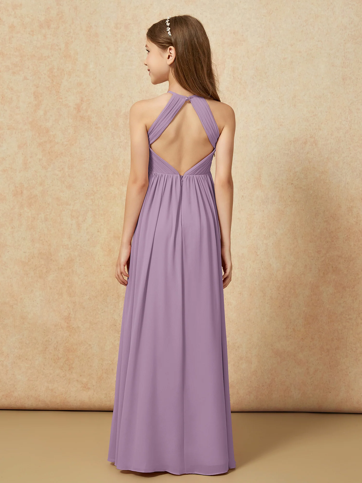 Halter Pleated Long Chiffon Junior Bridesmaid Dress Wisteria - Image 2