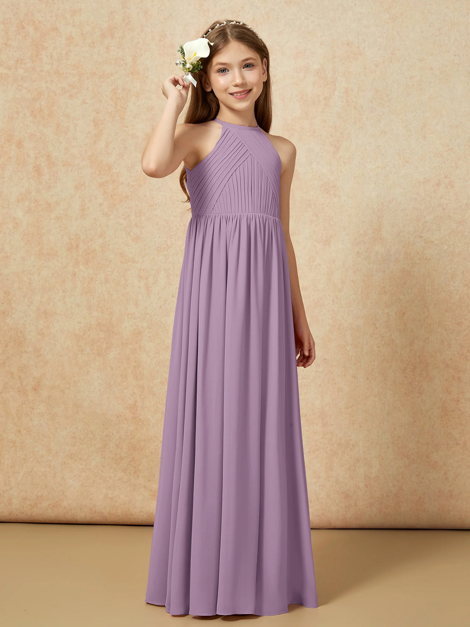 Halter Pleated Long Chiffon Junior Bridesmaid Dress Wisteria - Image 4