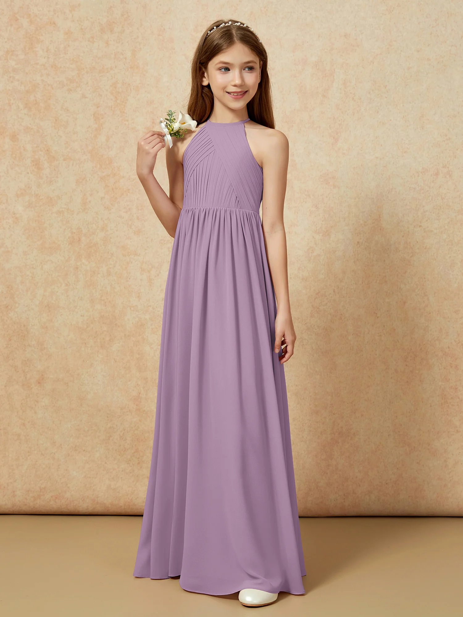 Halter Pleated Long Chiffon Junior Bridesmaid Dress Wisteria - Image 5