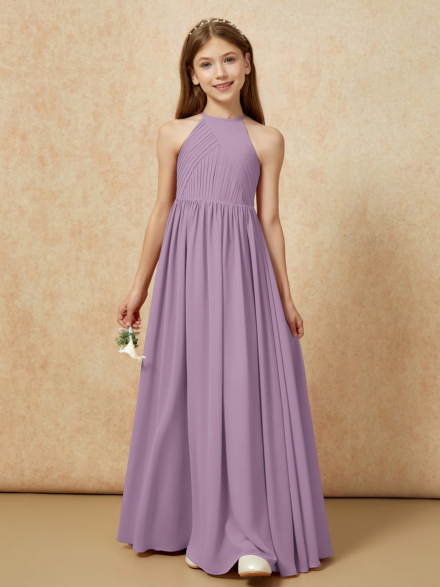 Halter Pleated Long Chiffon Junior Bridesmaid Dress Wisteria - Image 6