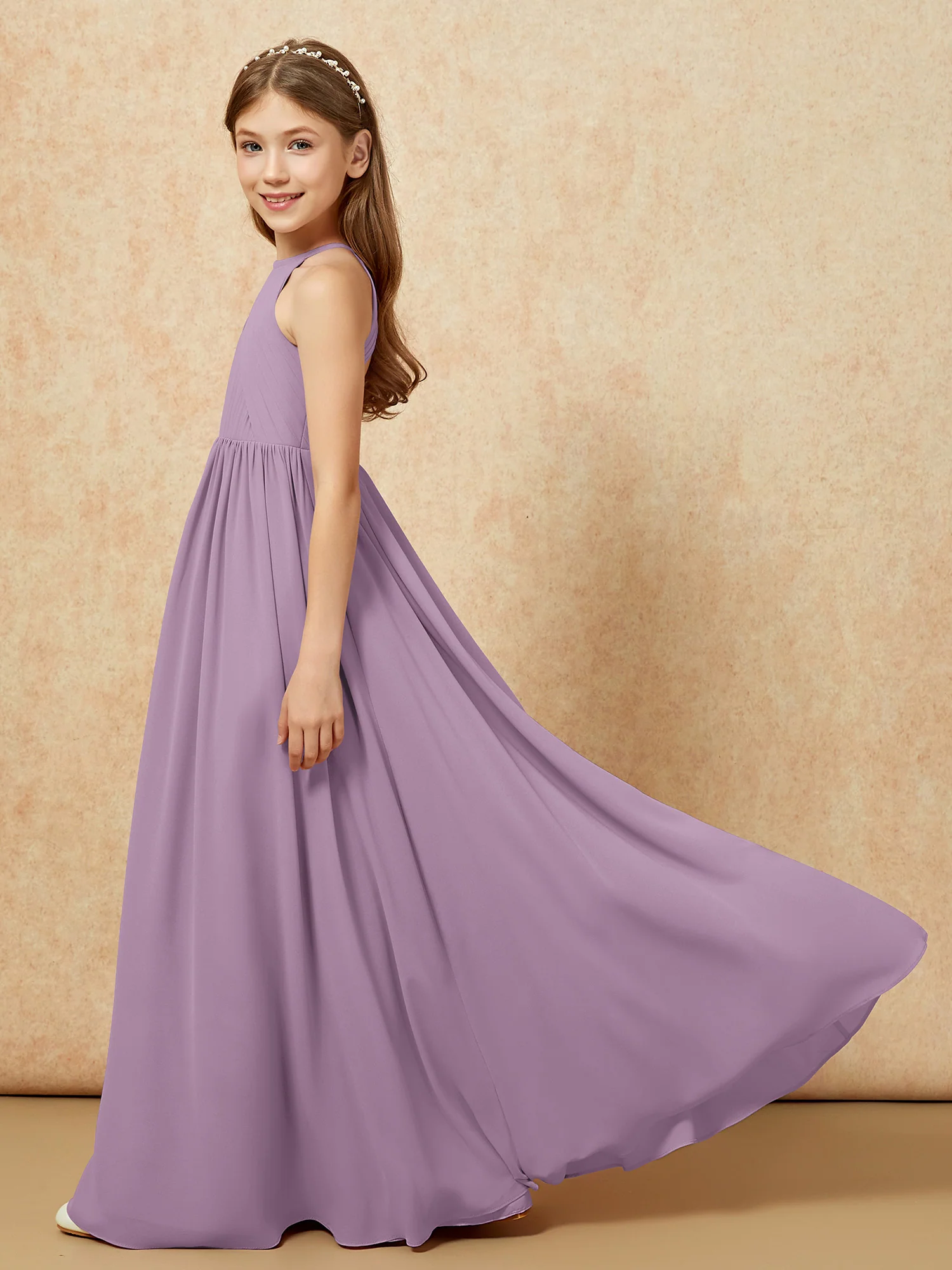 Halter Pleated Long Chiffon Junior Bridesmaid Dress Wisteria - Image 7