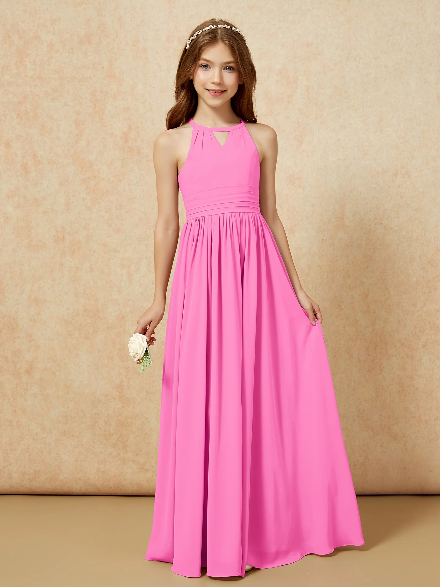 Halter Sleeveless Long Chiffon Junior Bridesmaid Dress Azalea
