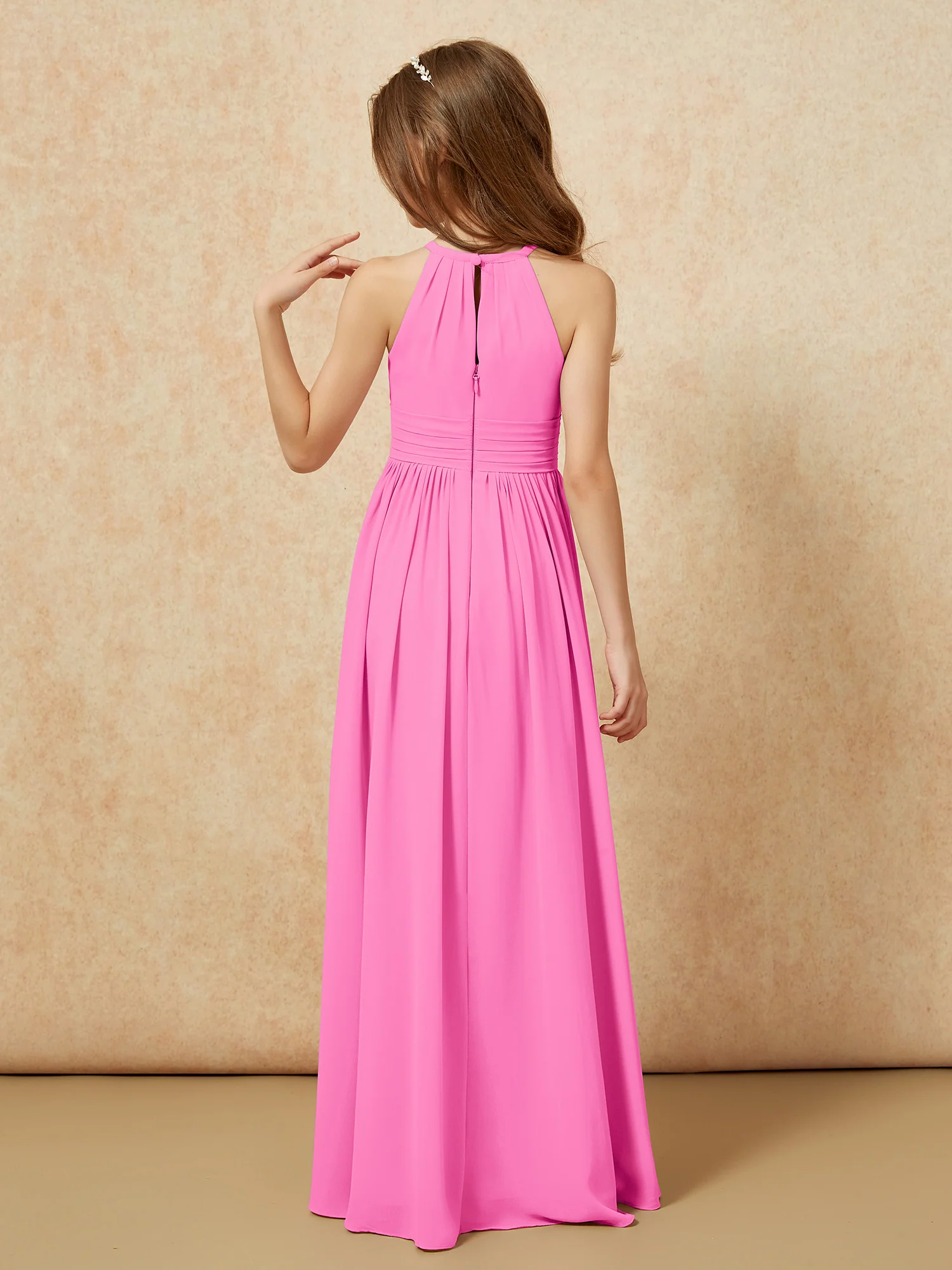 Halter Sleeveless Long Chiffon Junior Bridesmaid Dress Azalea - Image 2