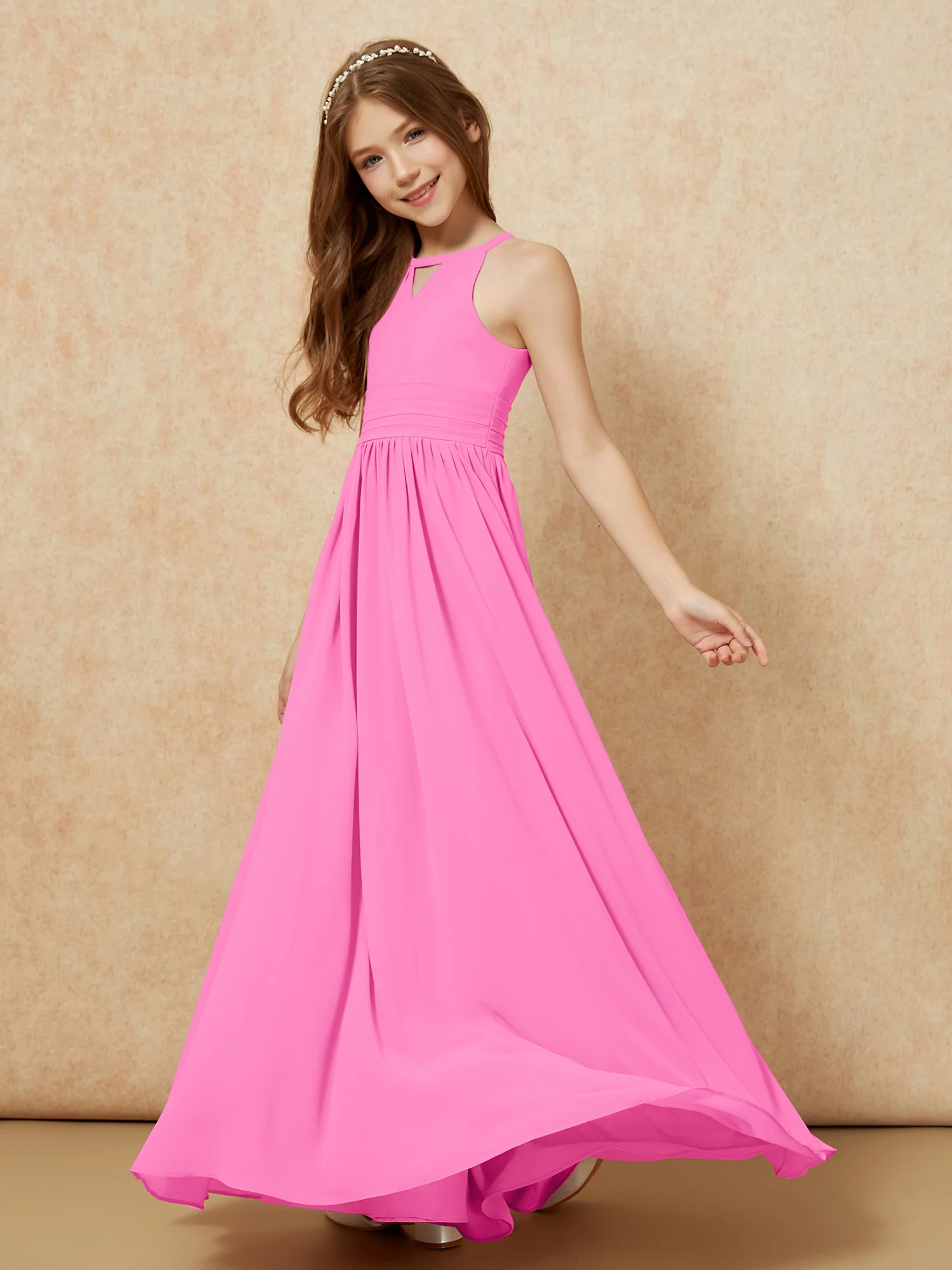 Halter Sleeveless Long Chiffon Junior Bridesmaid Dress Azalea - Image 3