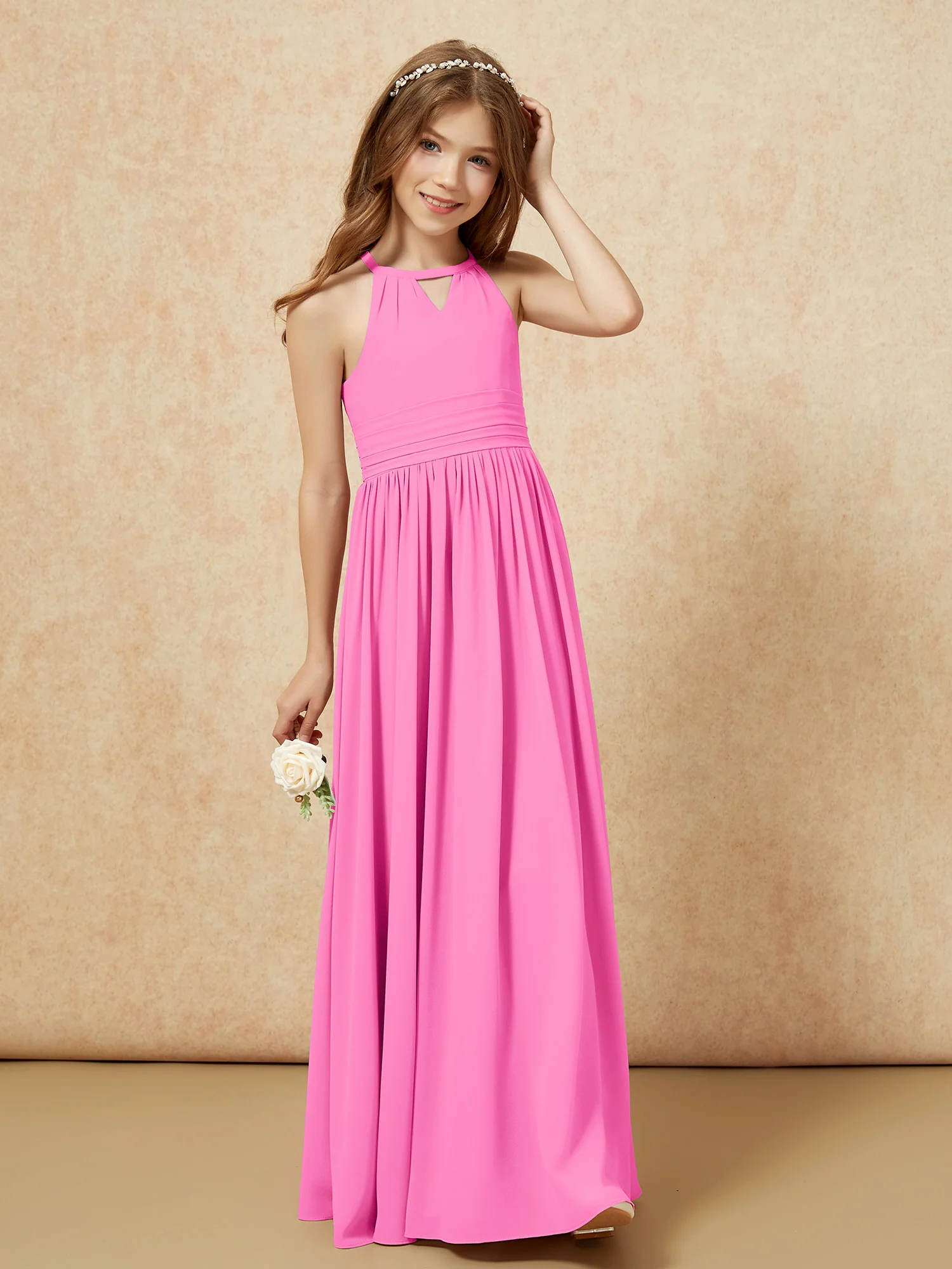 Halter Sleeveless Long Chiffon Junior Bridesmaid Dress Azalea - Image 4