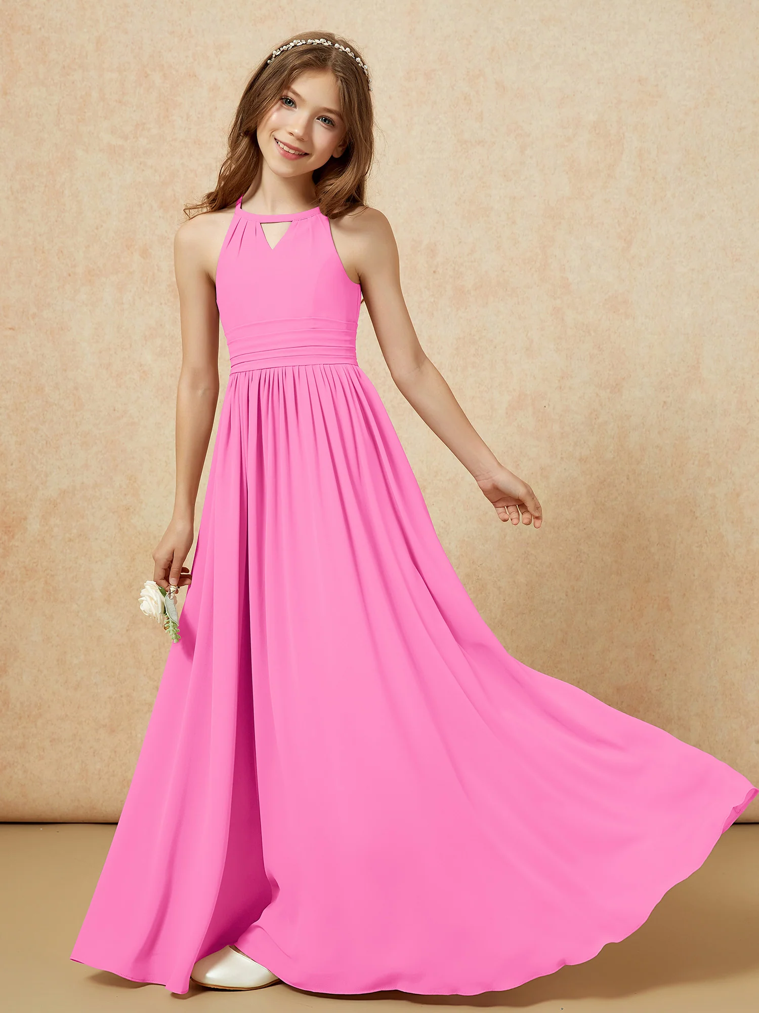 Halter Sleeveless Long Chiffon Junior Bridesmaid Dress Azalea - Image 6