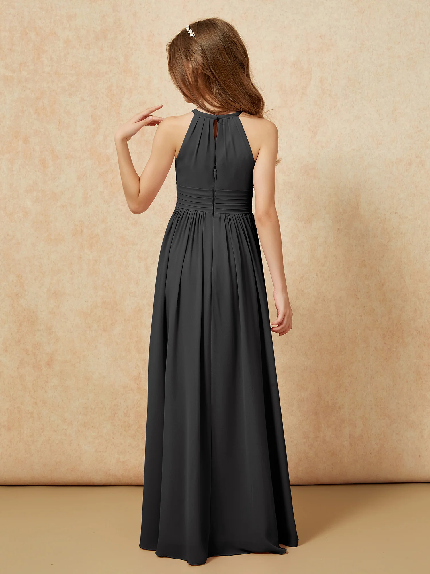 Halter Sleeveless Long Chiffon Junior Bridesmaid Dress Black - Image 2