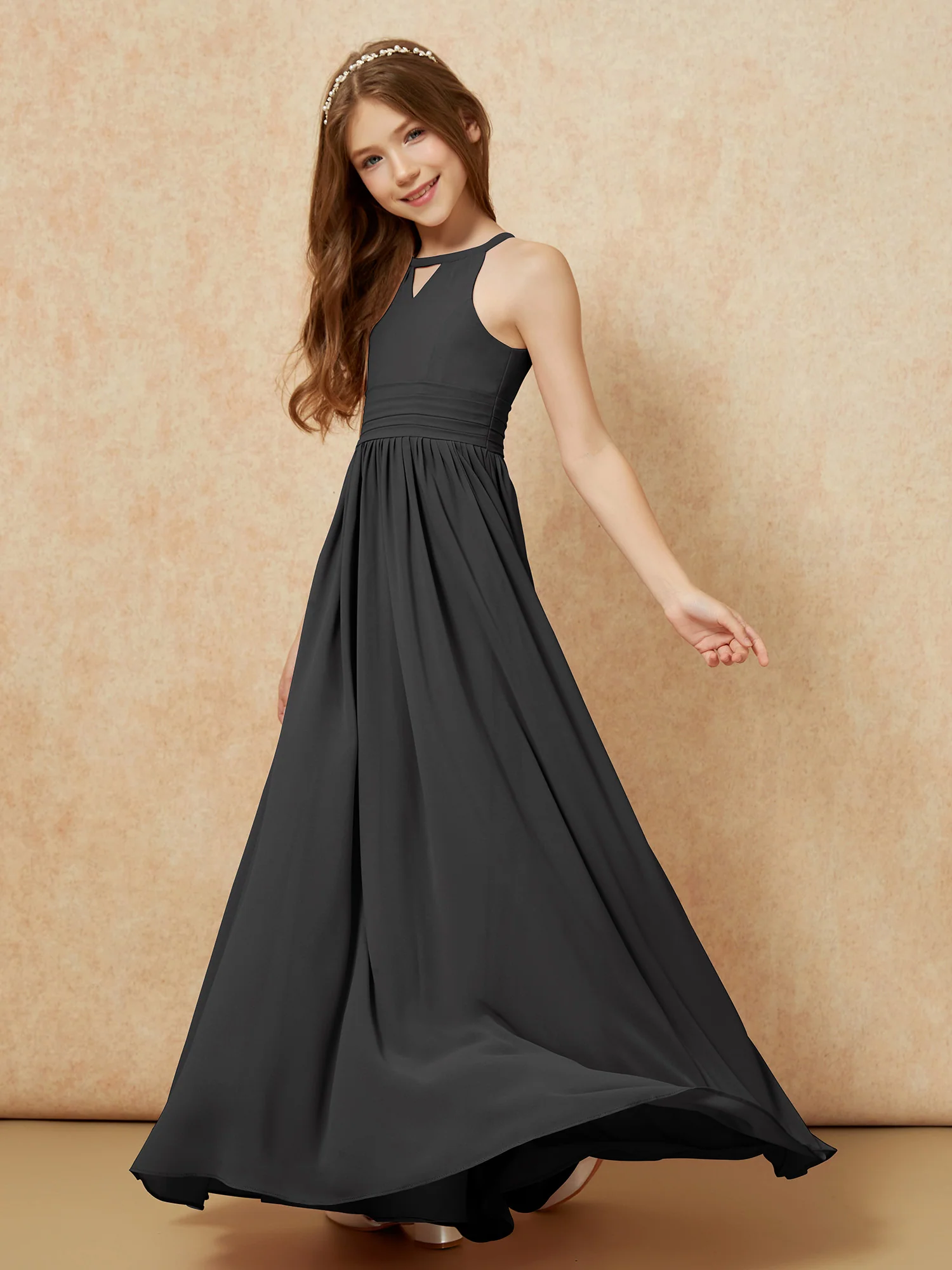 Halter Sleeveless Long Chiffon Junior Bridesmaid Dress Black - Image 3
