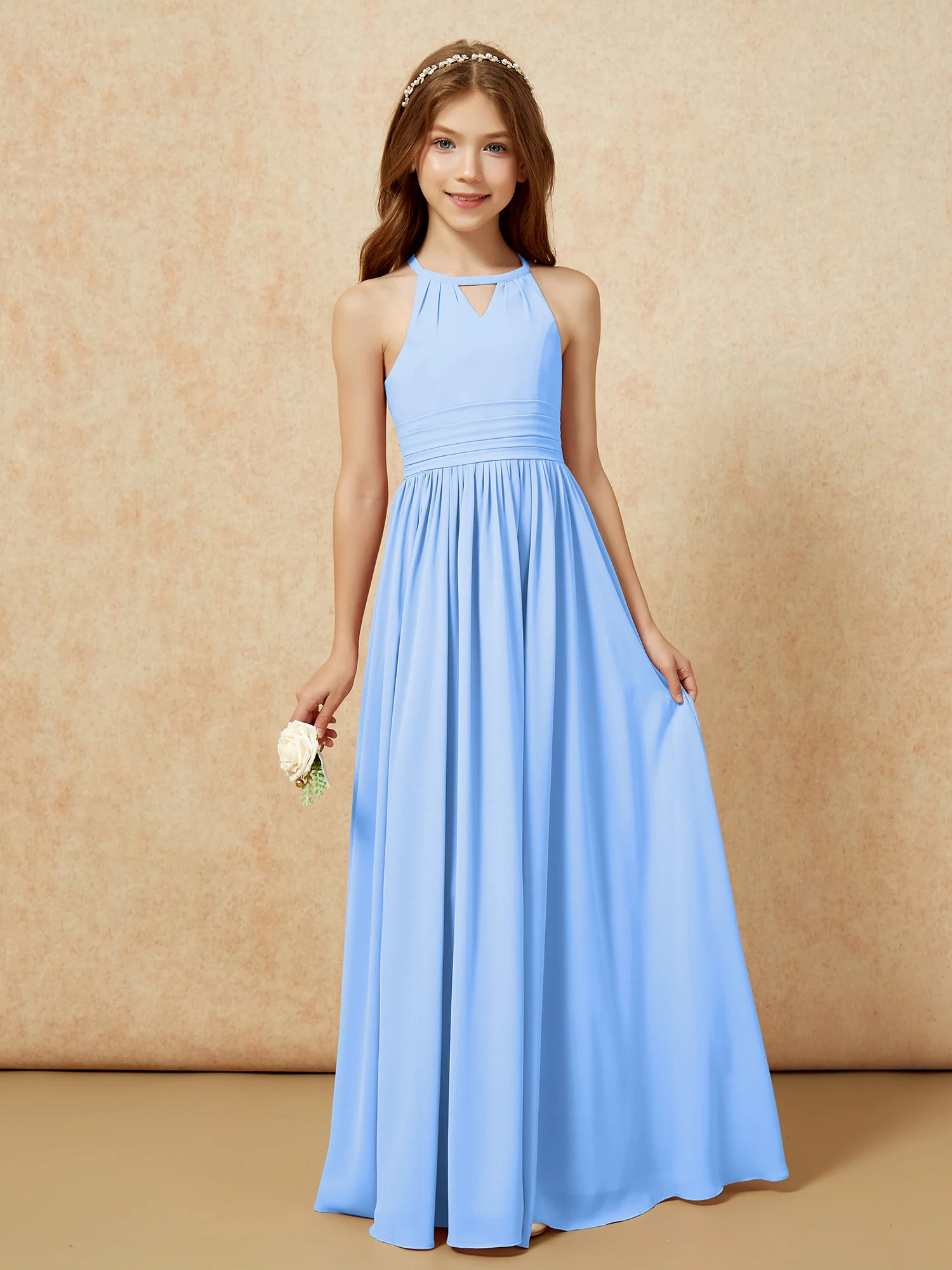 Halter Sleeveless Long Chiffon Junior Bridesmaid Dress Blue
