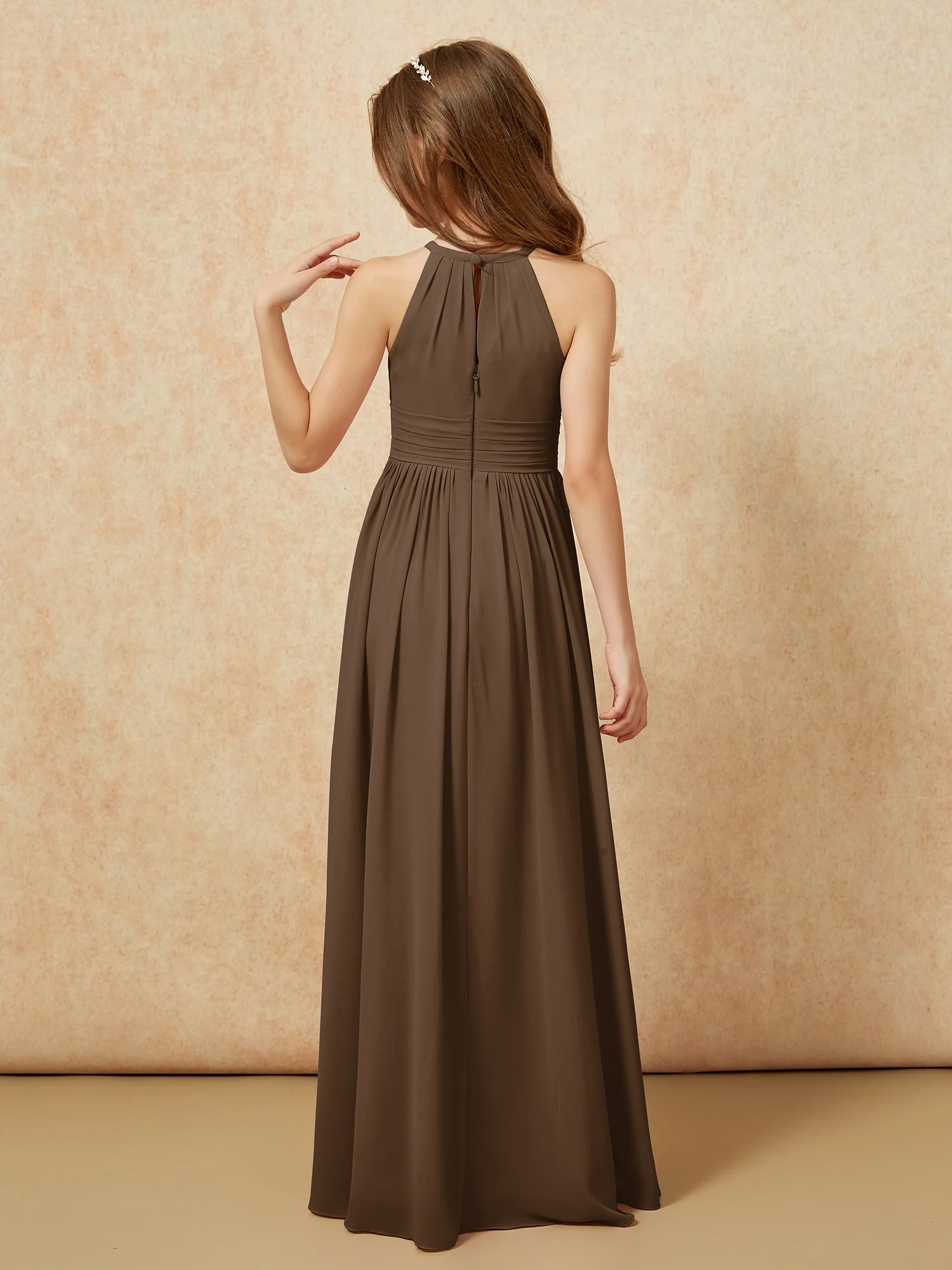 Halter Sleeveless Long Chiffon Junior Bridesmaid Dress Brown - Image 2