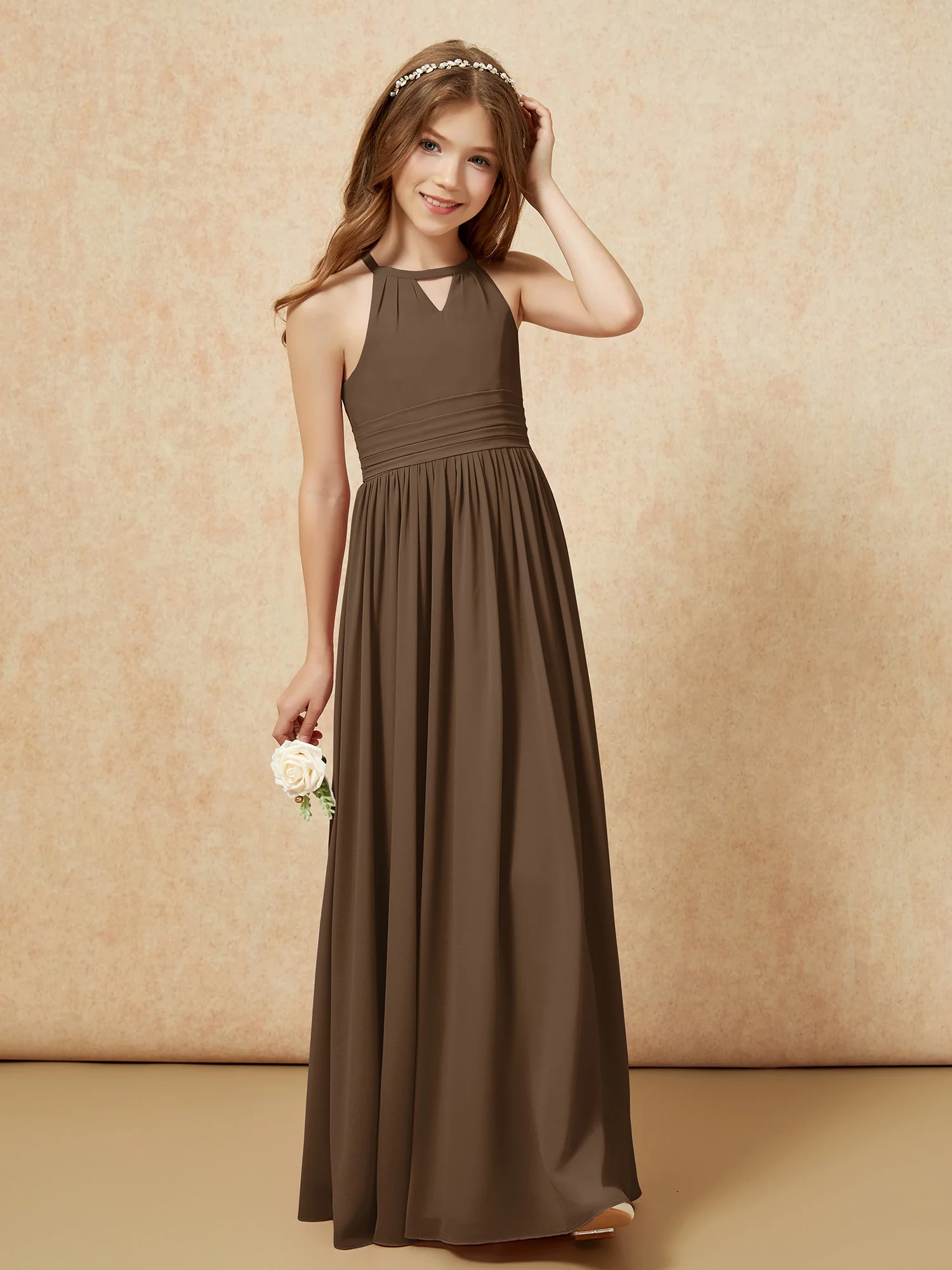 Halter Sleeveless Long Chiffon Junior Bridesmaid Dress Brown - Image 4