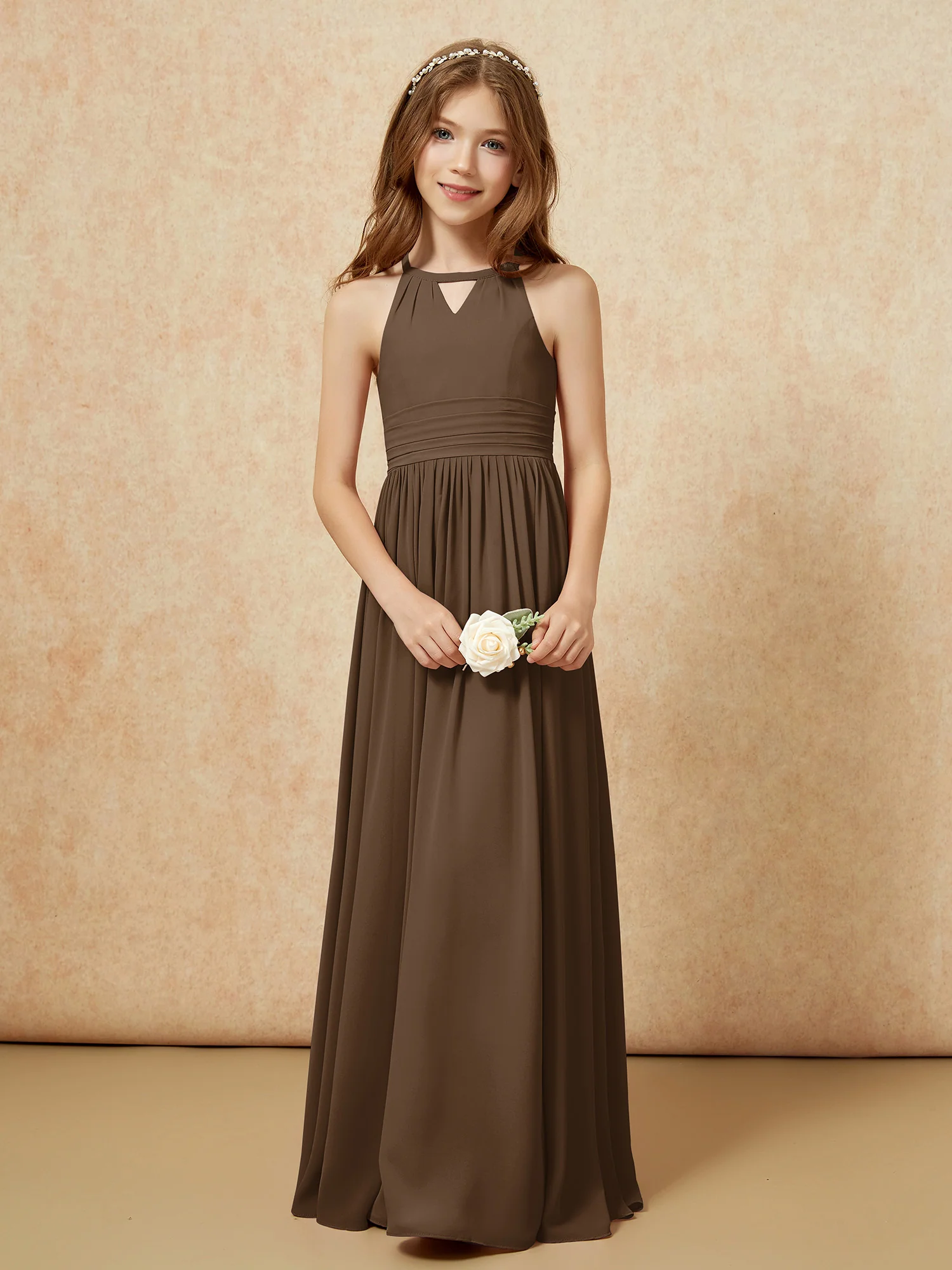 Halter Sleeveless Long Chiffon Junior Bridesmaid Dress Brown - Image 5
