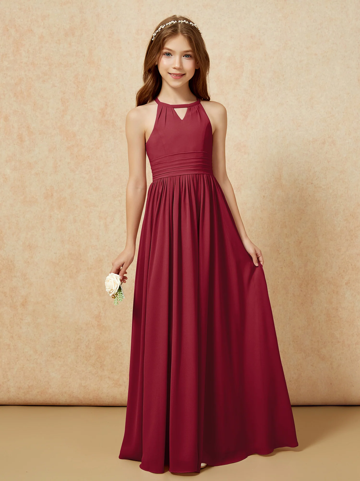 Halter Sleeveless Long Chiffon Junior Bridesmaid Dress Burgundy