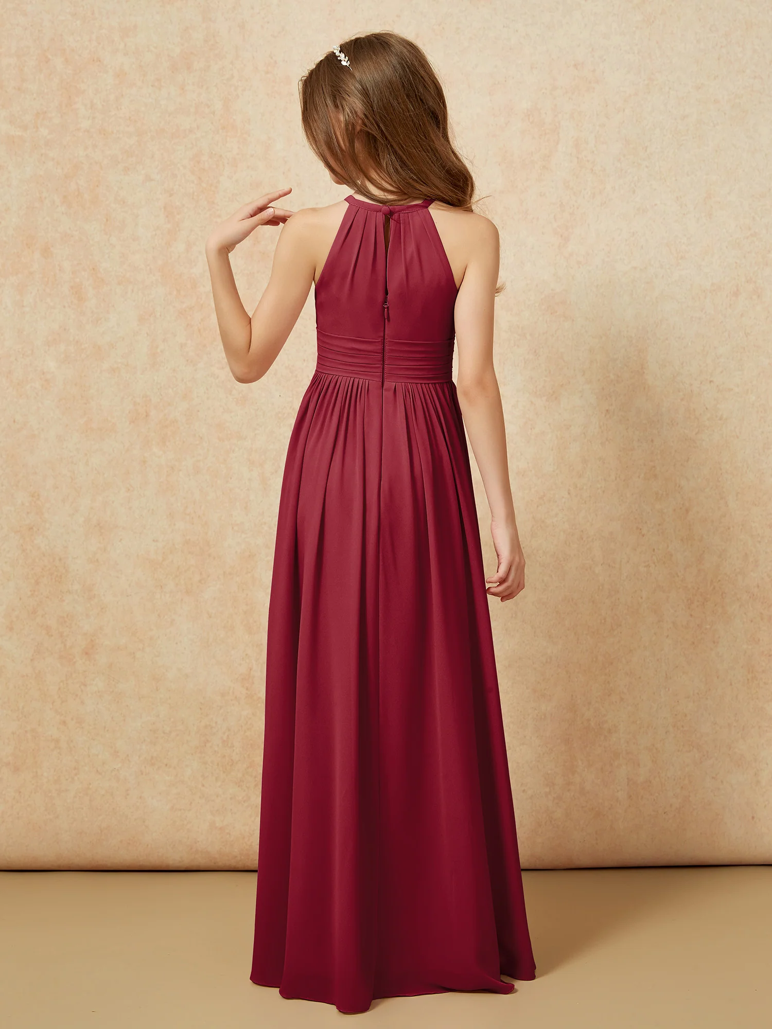 Halter Sleeveless Long Chiffon Junior Bridesmaid Dress Burgundy - Image 2