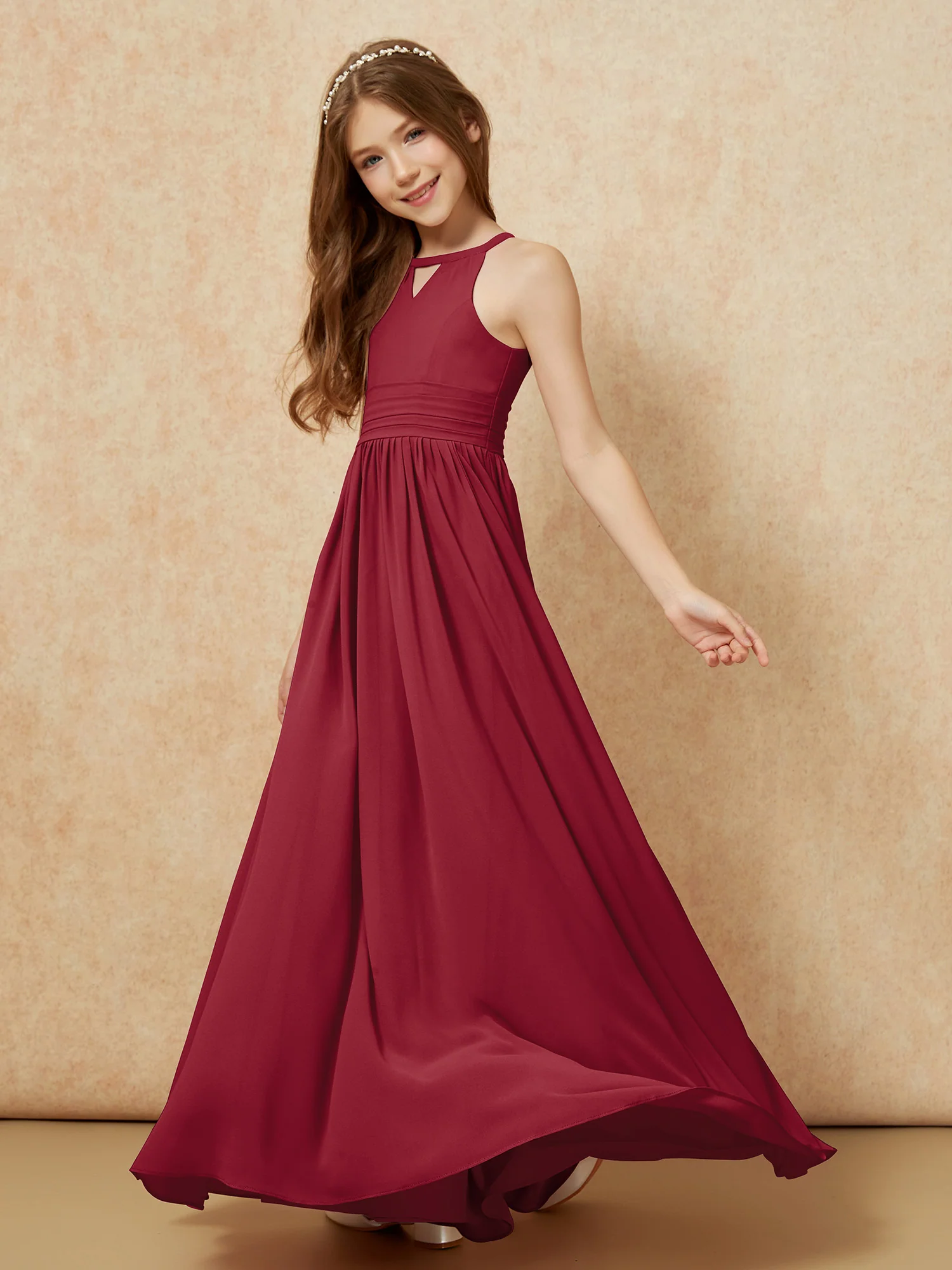 Halter Sleeveless Long Chiffon Junior Bridesmaid Dress Burgundy - Image 3